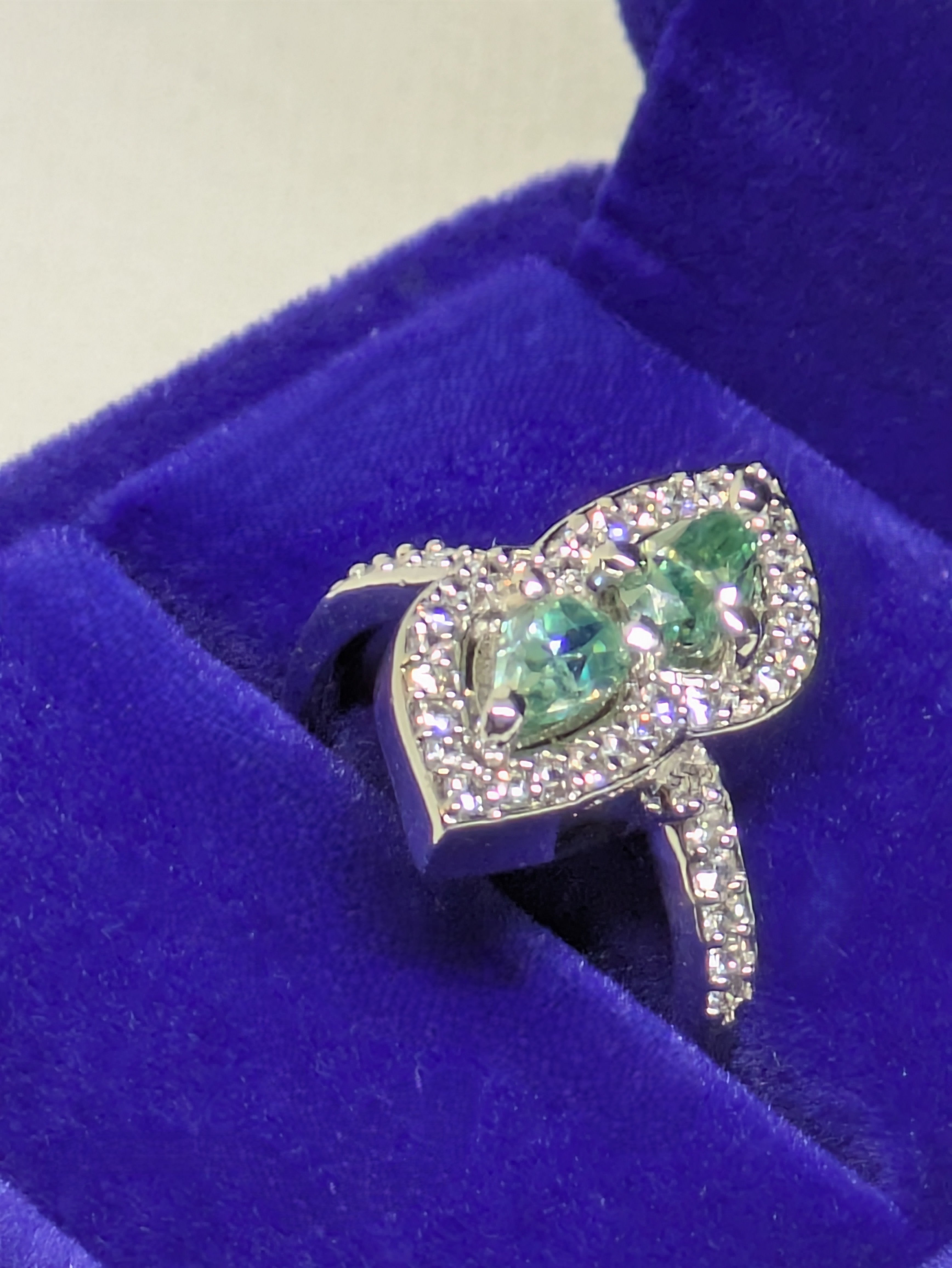 Blue Cyan Moissanite Double Stone Ring 1.1ctw | Pear Cut VVS1 with CZ Accents Sterling Silver Size 8