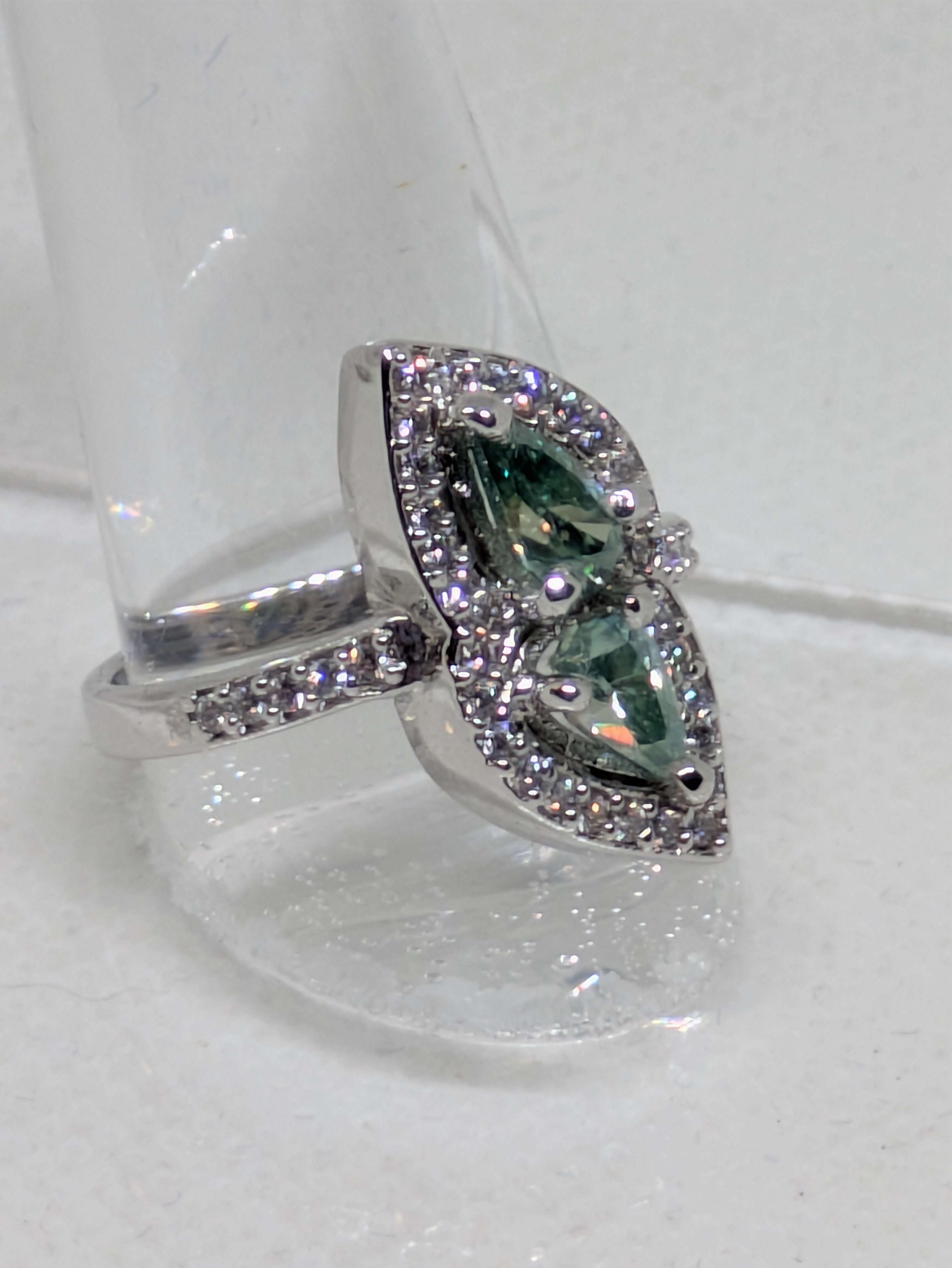 Blue Cyan Moissanite Double Stone Ring 1.1ctw | Pear Cut VVS1 with CZ Accents Sterling Silver Size 8