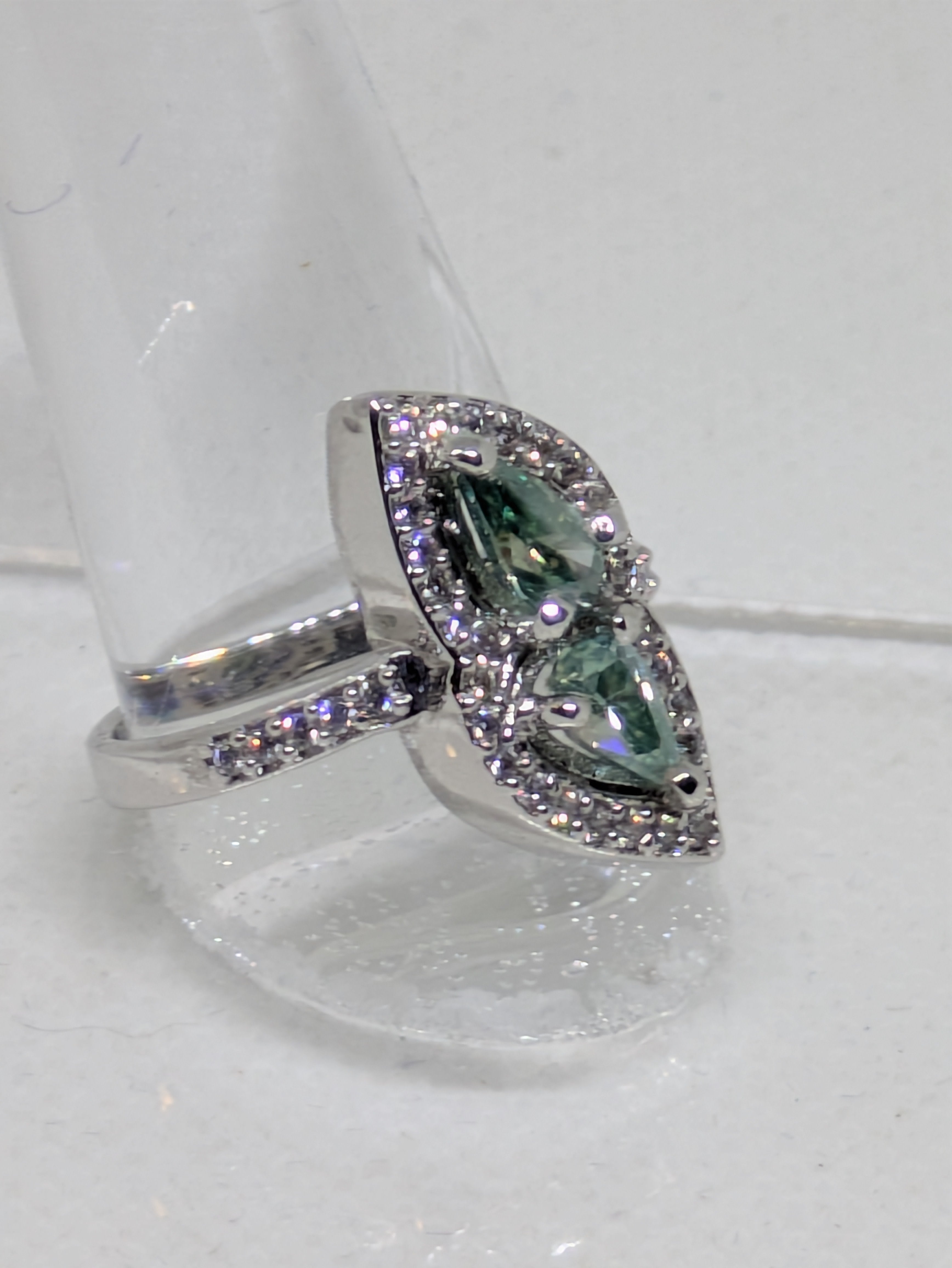 Blue Cyan Moissanite Double Stone Ring 1.1ctw | Pear Cut VVS1 with CZ Accents Sterling Silver Size 8
