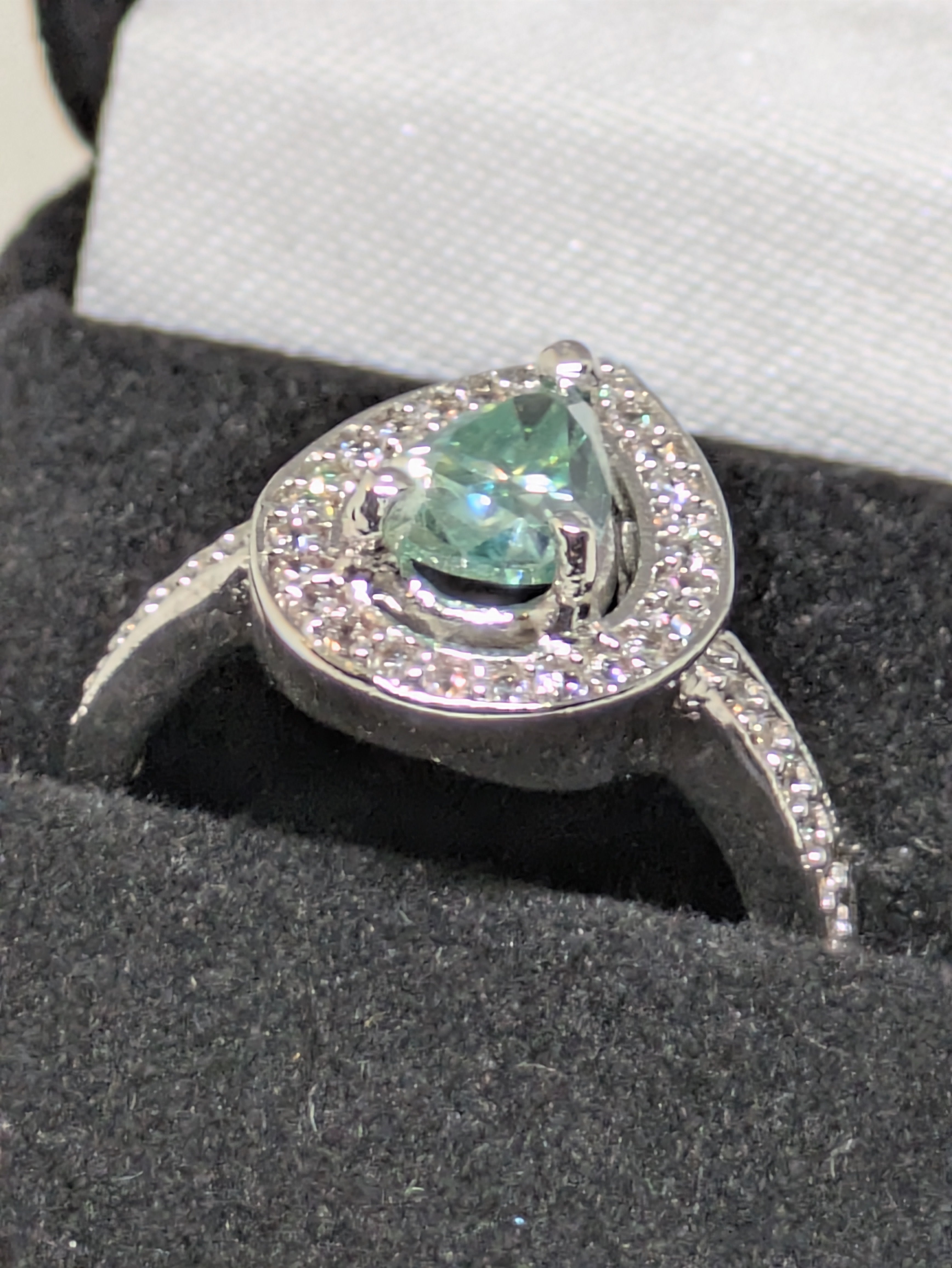 1.2ct Blue Cyan Moissanite Pear Cut Cocktail Ring with CZ Halo | VVS1 2.76ctw Sterling Silver Size 7.25