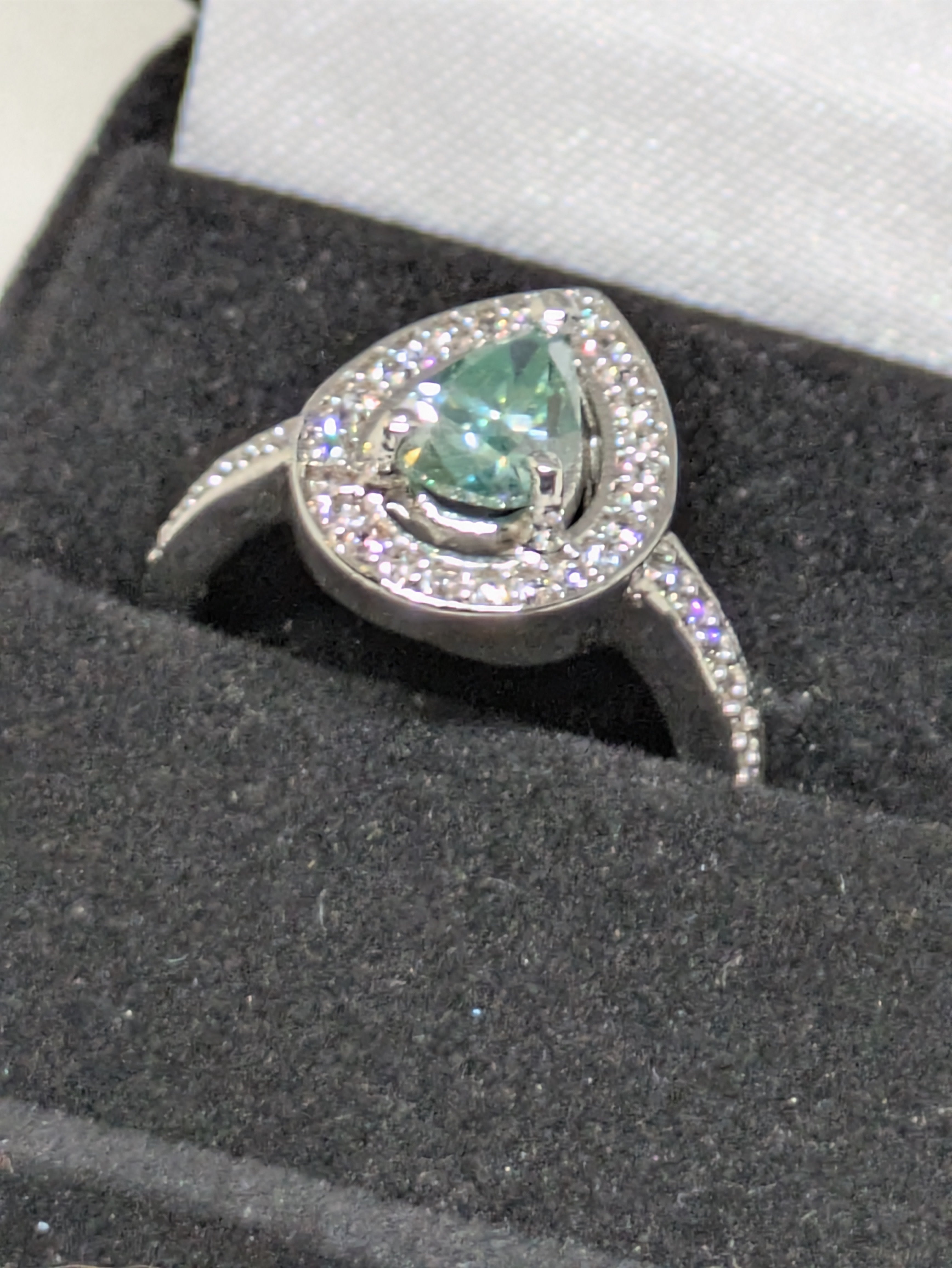 1.2ct Blue Cyan Moissanite Pear Cut Cocktail Ring with CZ Halo | VVS1 2.76ctw Sterling Silver Size 7.25
