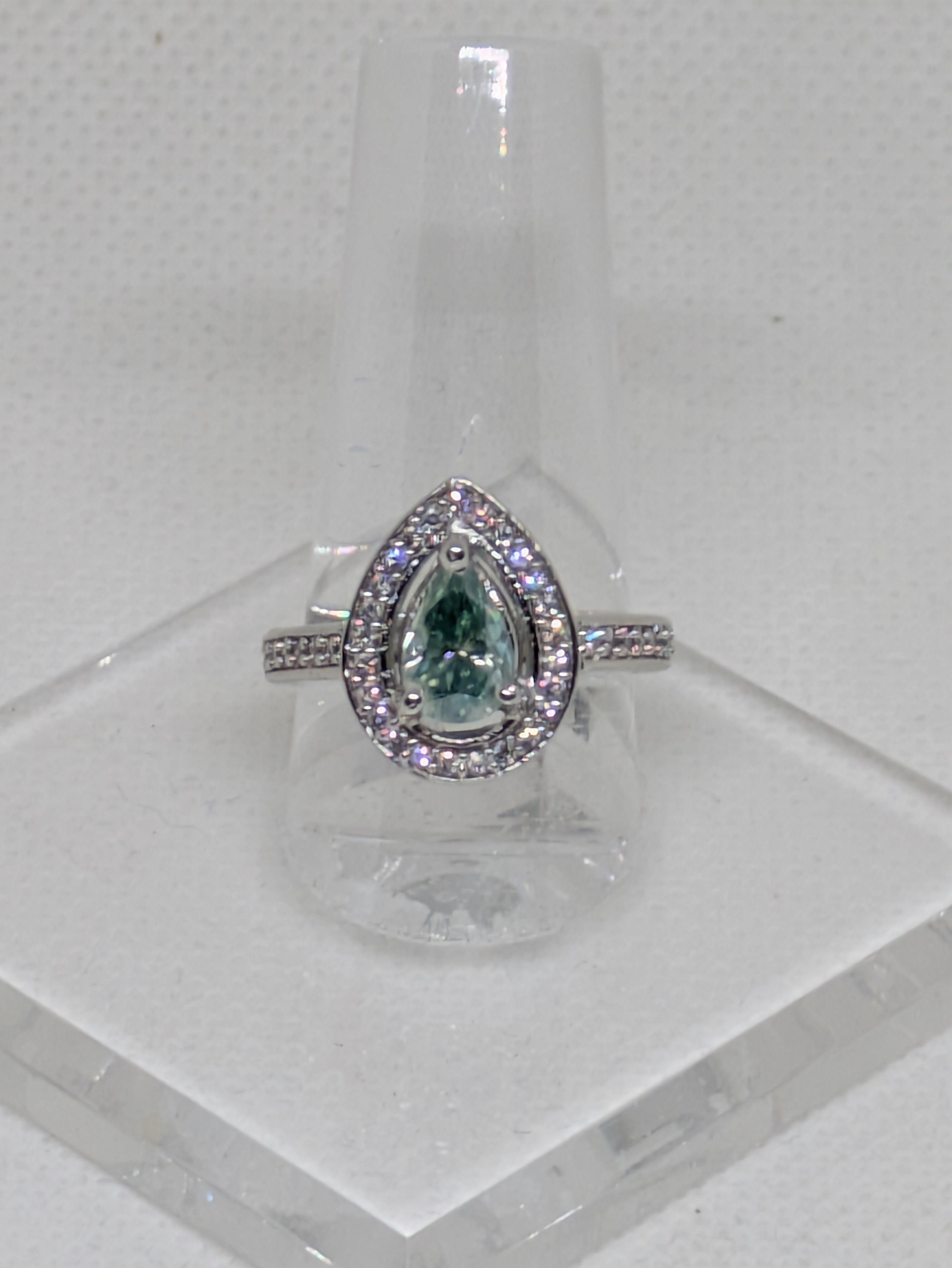 1.2ct Blue Cyan Moissanite Pear Cut Cocktail Ring with CZ Halo | VVS1 2.76ctw Sterling Silver Size 7.25