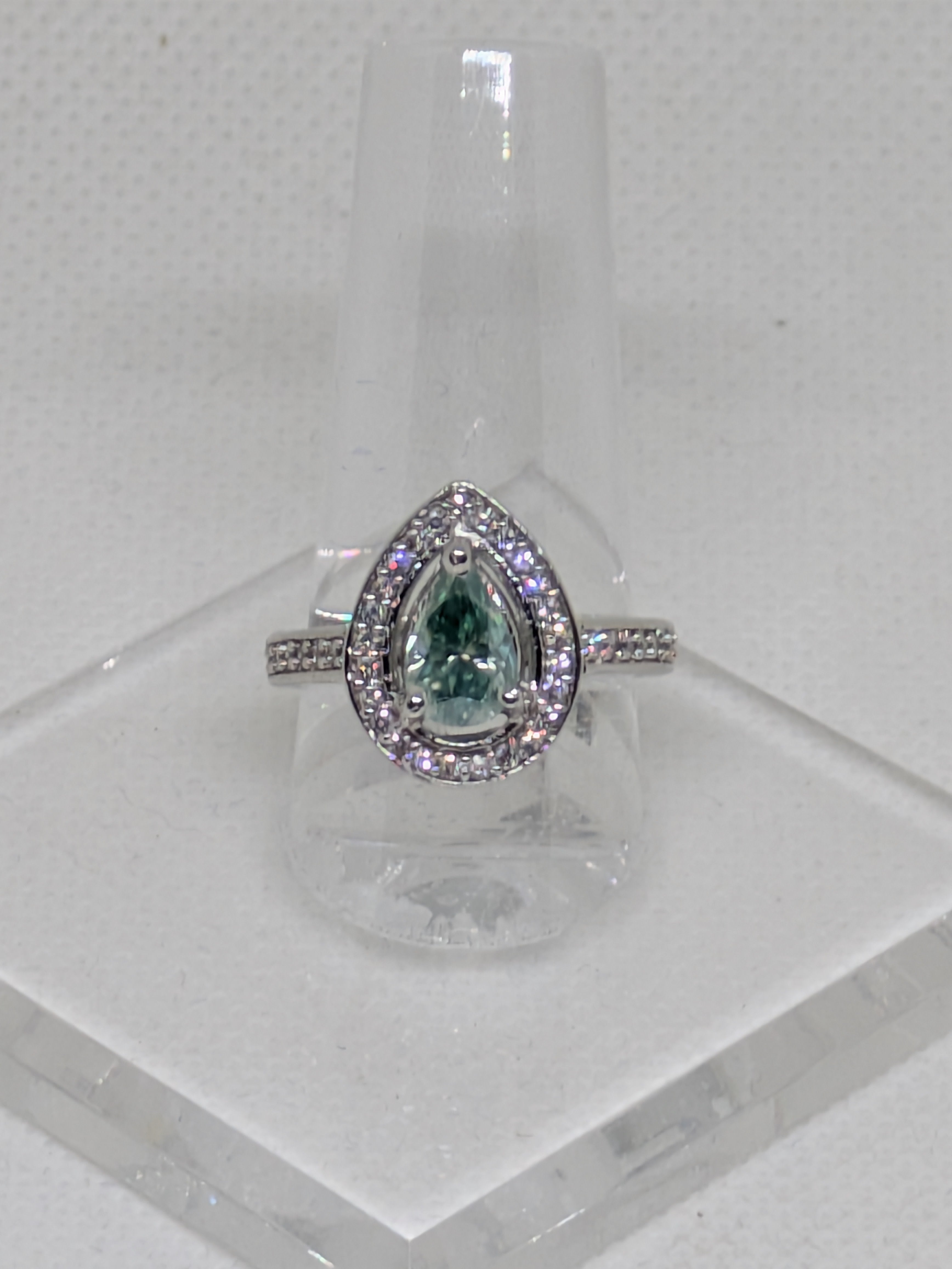 1.2ct Blue Cyan Moissanite Pear Cut Cocktail Ring with CZ Halo | VVS1 2.76ctw Sterling Silver Size 7.25