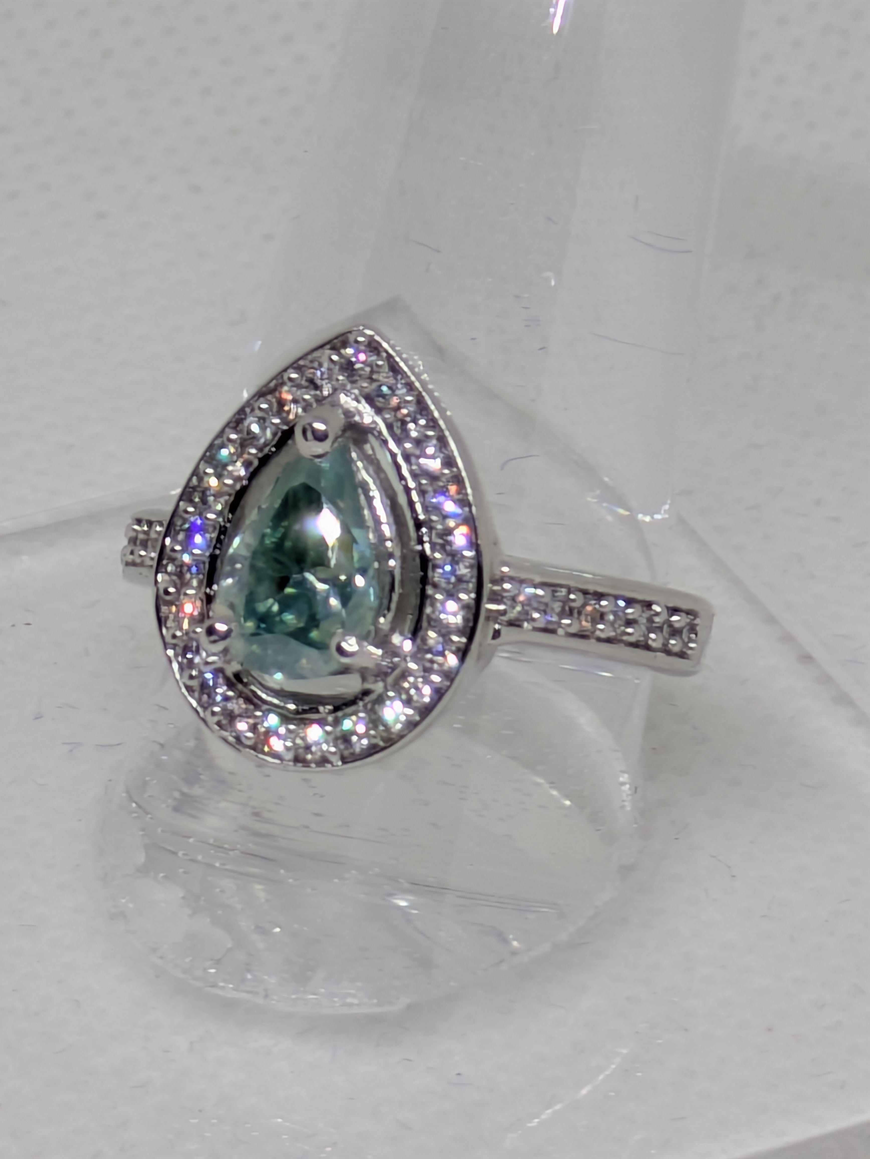 1.2ct Blue Cyan Moissanite Pear Cut Cocktail Ring with CZ Halo | VVS1 2.76ctw Sterling Silver Size 7.25