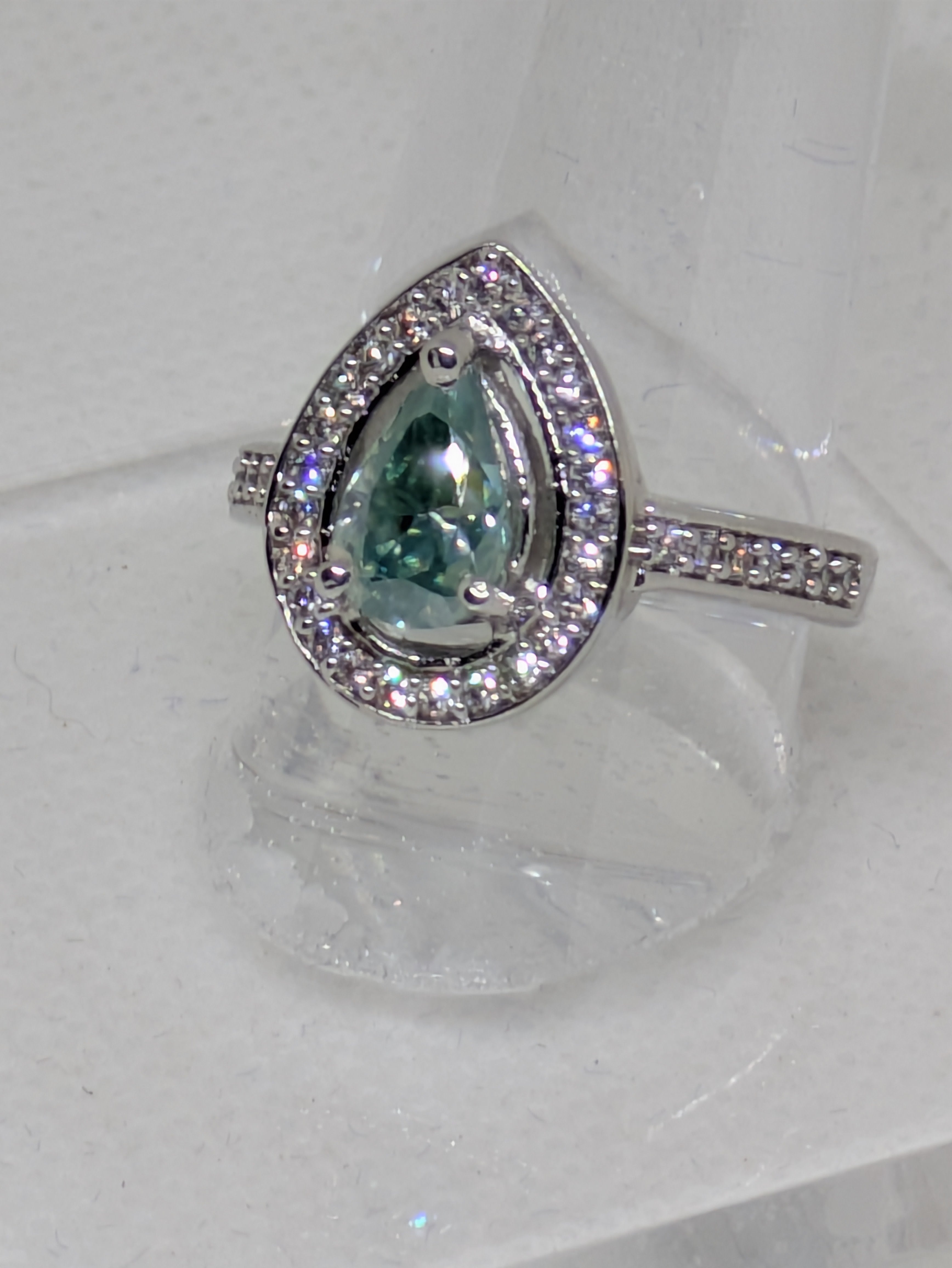 1.2ct Blue Cyan Moissanite Pear Cut Cocktail Ring with CZ Halo | VVS1 2.76ctw Sterling Silver Size 7.25