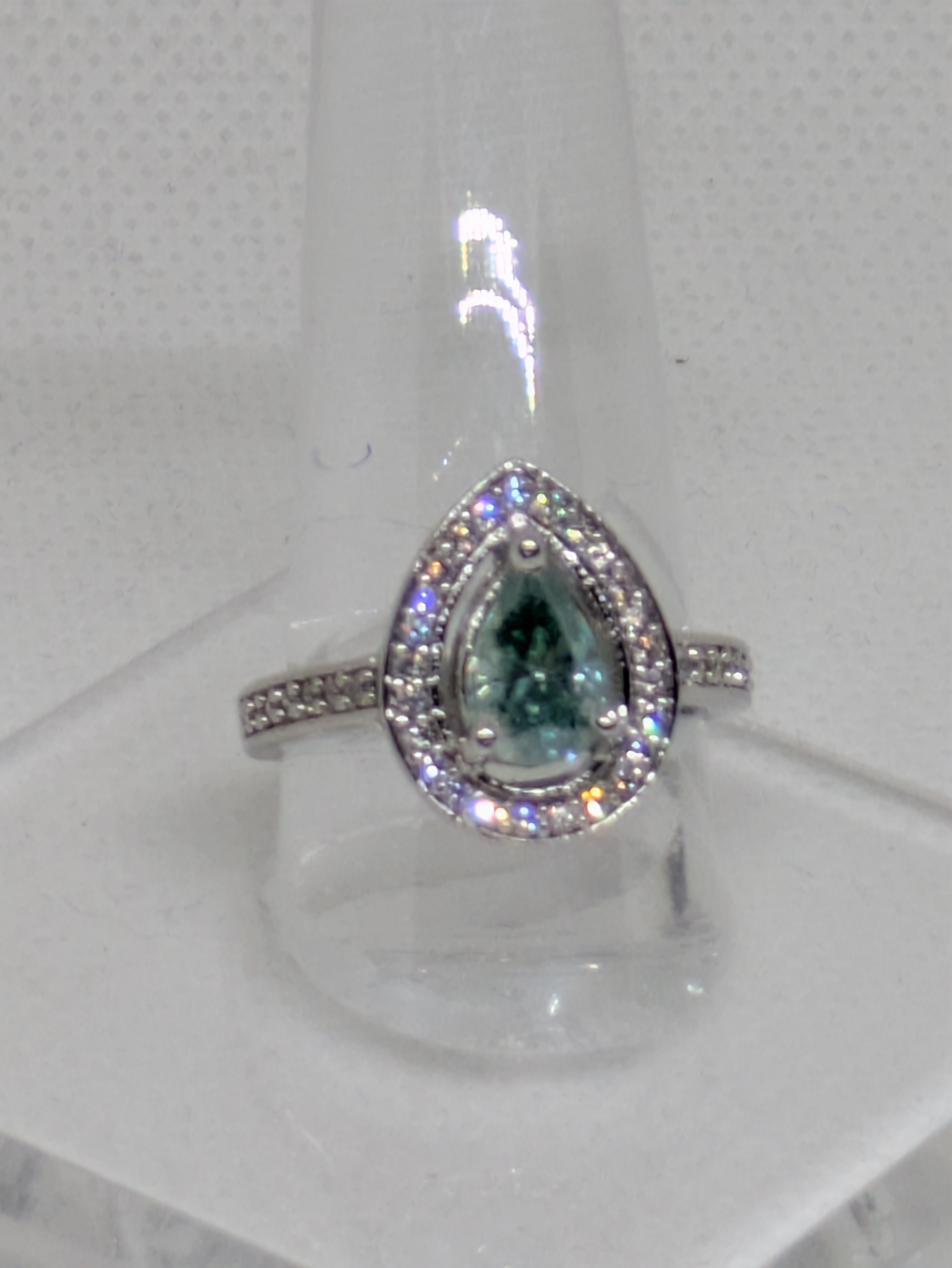 1.2ct Blue Cyan Moissanite Pear Cut Cocktail Ring with CZ Halo | VVS1 2.76ctw Sterling Silver Size 7.25