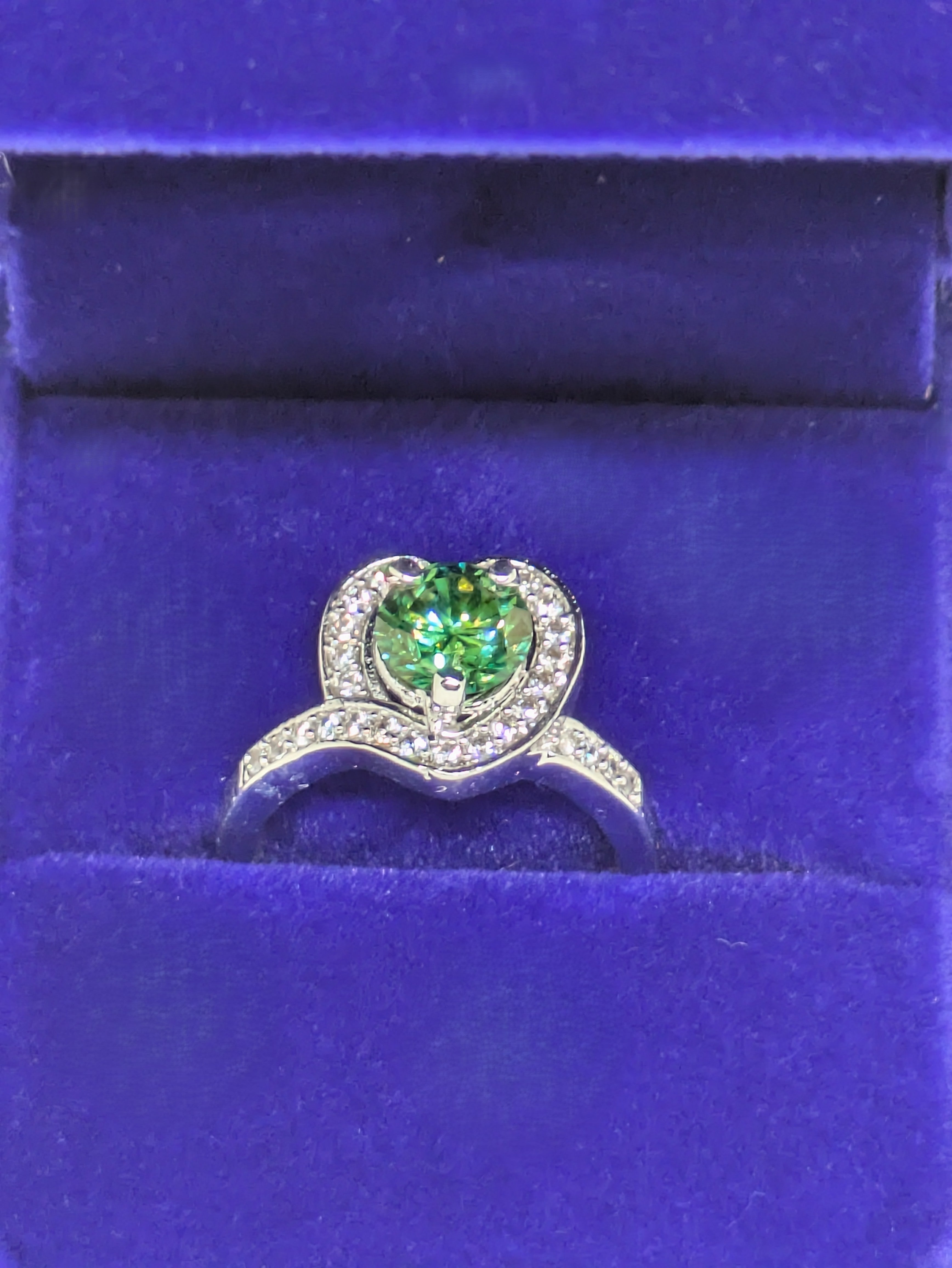 1ct Green Moissanite Heart-Shaped Promise Ring with CZ Halo | VVS1 Sterling Silver Size 6.25