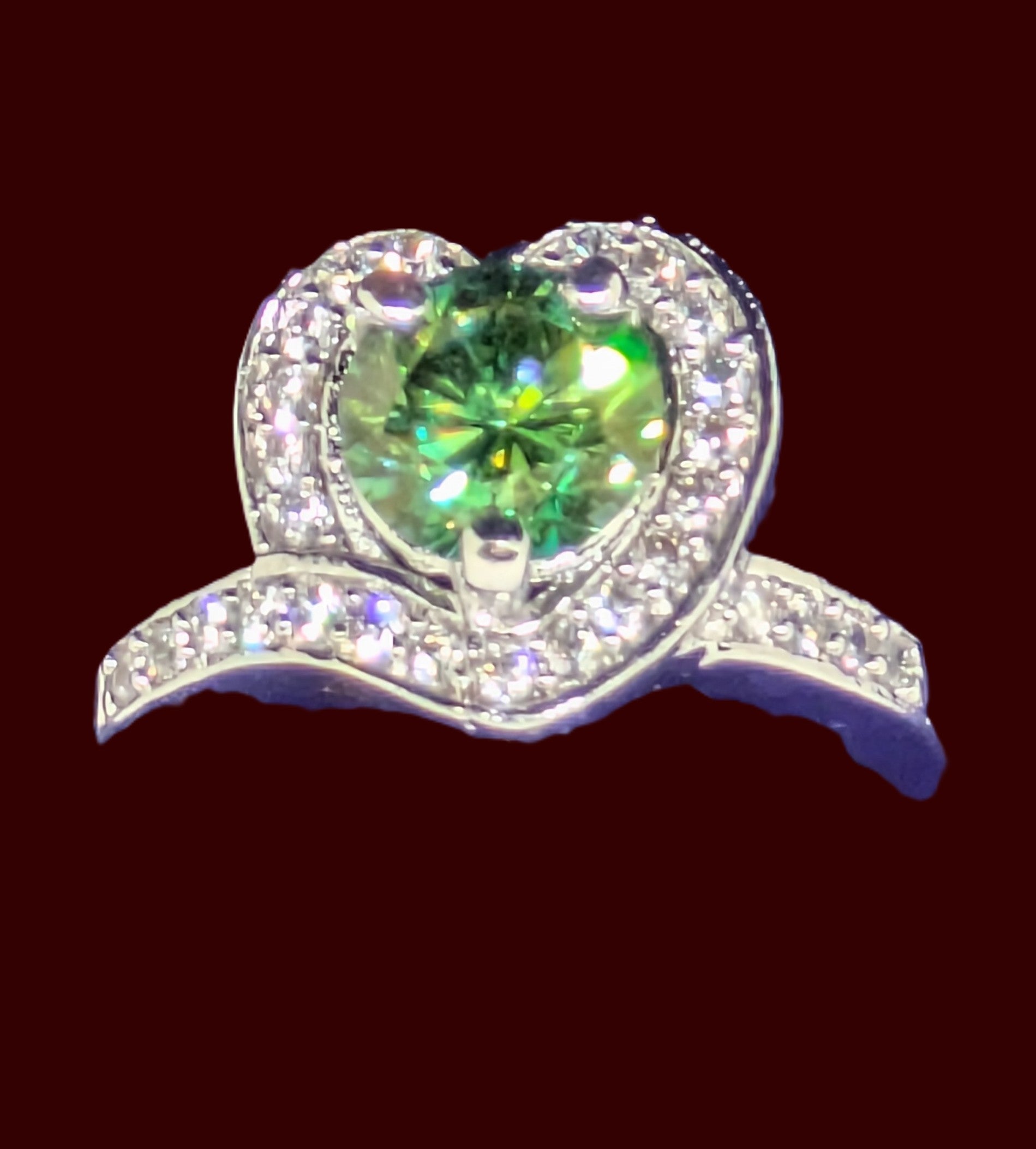 1ct Green Moissanite Heart-Shaped Promise Ring with CZ Halo | VVS1 Sterling Silver Size 6.25