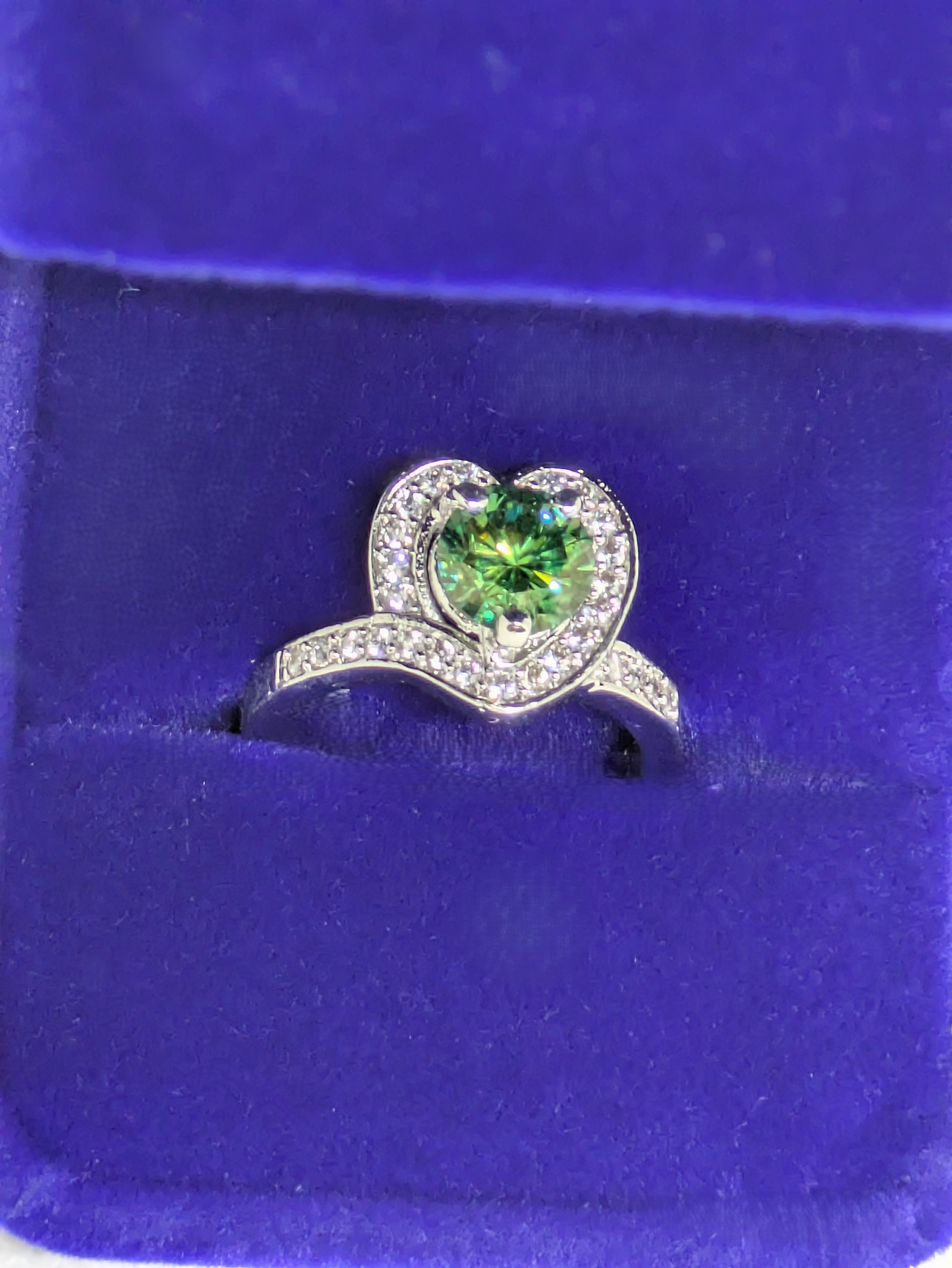 1ct Green Moissanite Heart-Shaped Promise Ring with CZ Halo | VVS1 Sterling Silver Size 6.25