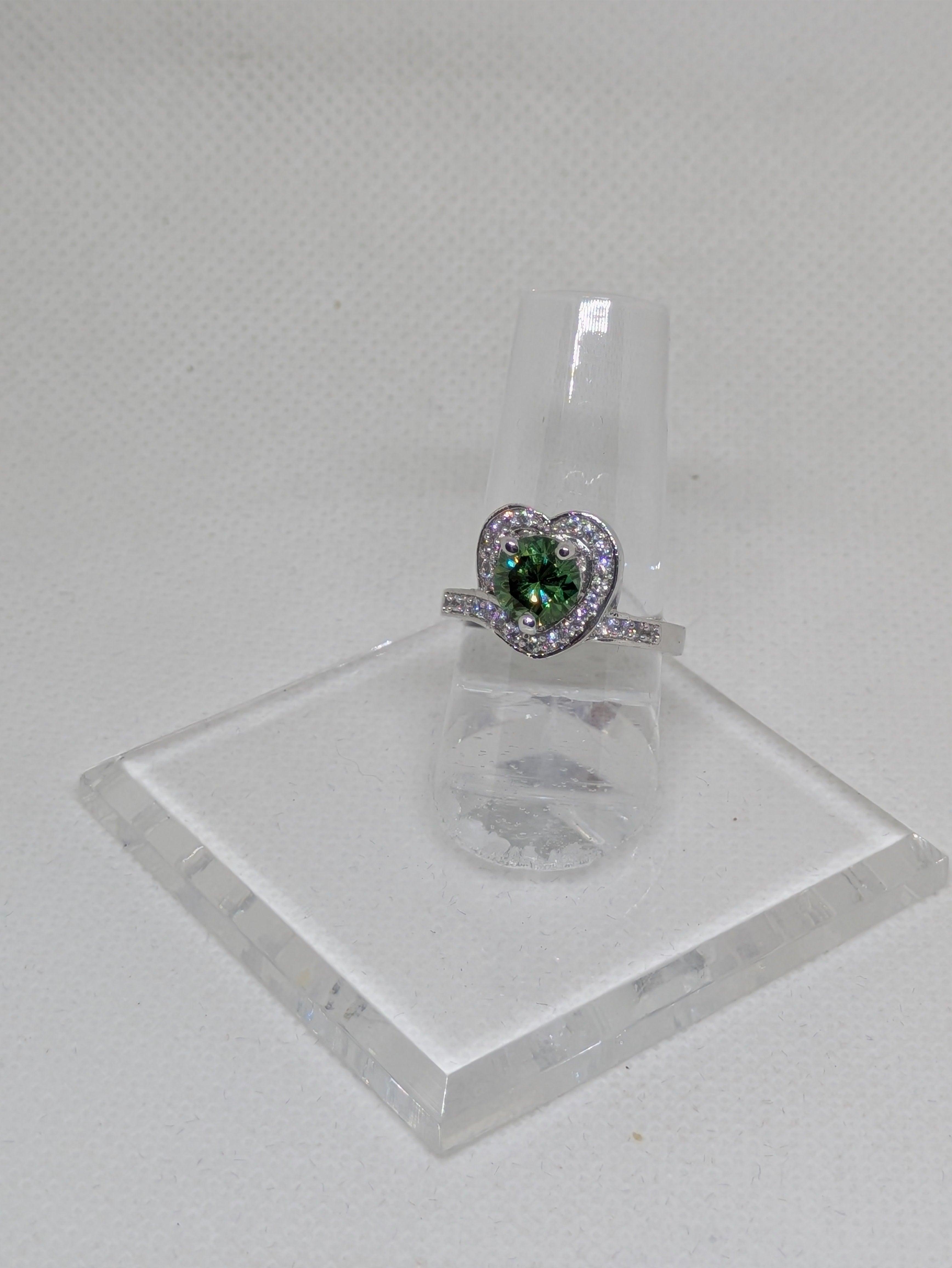 1ct Green Moissanite Heart-Shaped Promise Ring with CZ Halo | VVS1 Sterling Silver Size 6.25