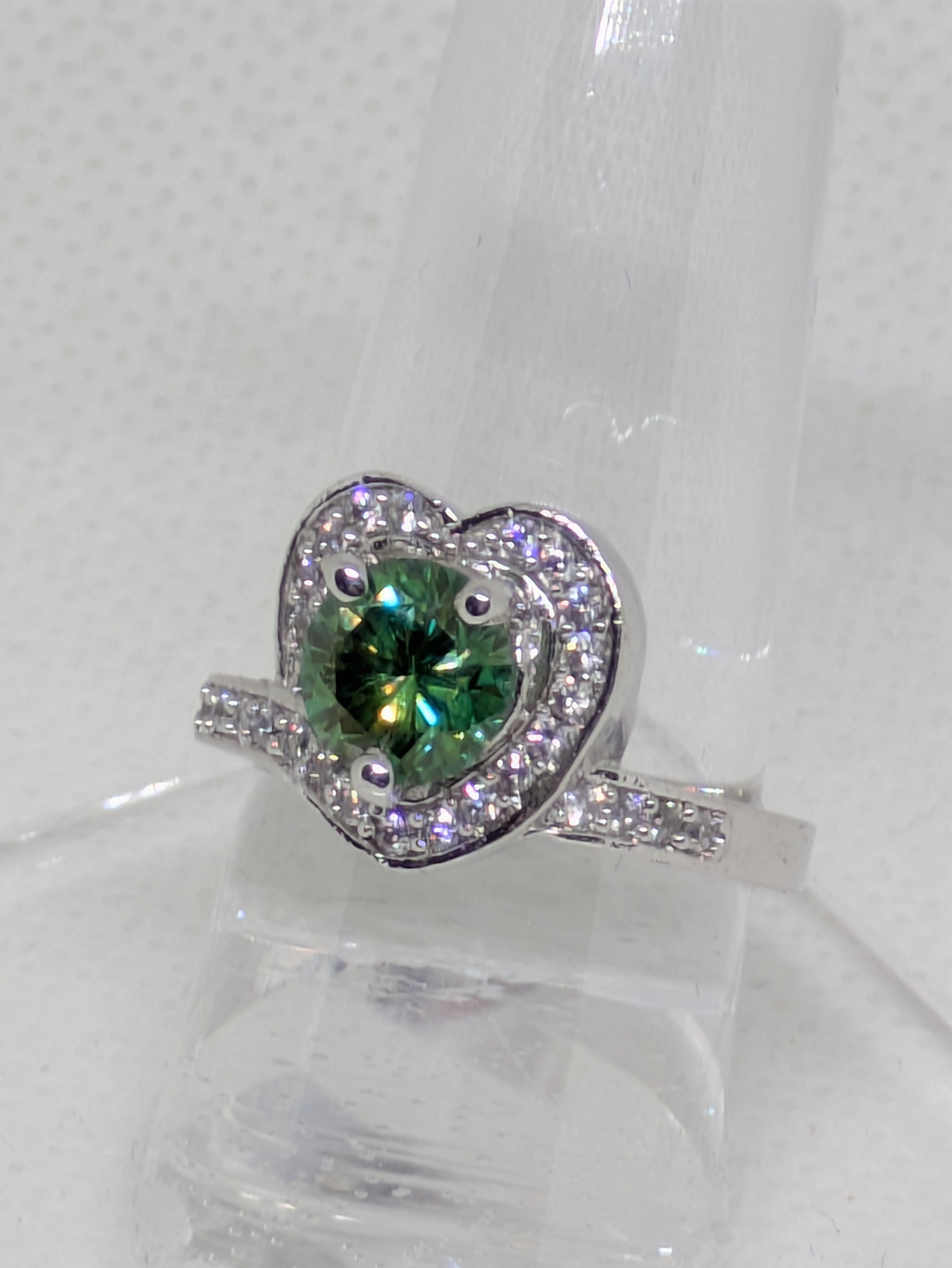 1ct Green Moissanite Heart-Shaped Promise Ring with CZ Halo | VVS1 Sterling Silver Size 6.25