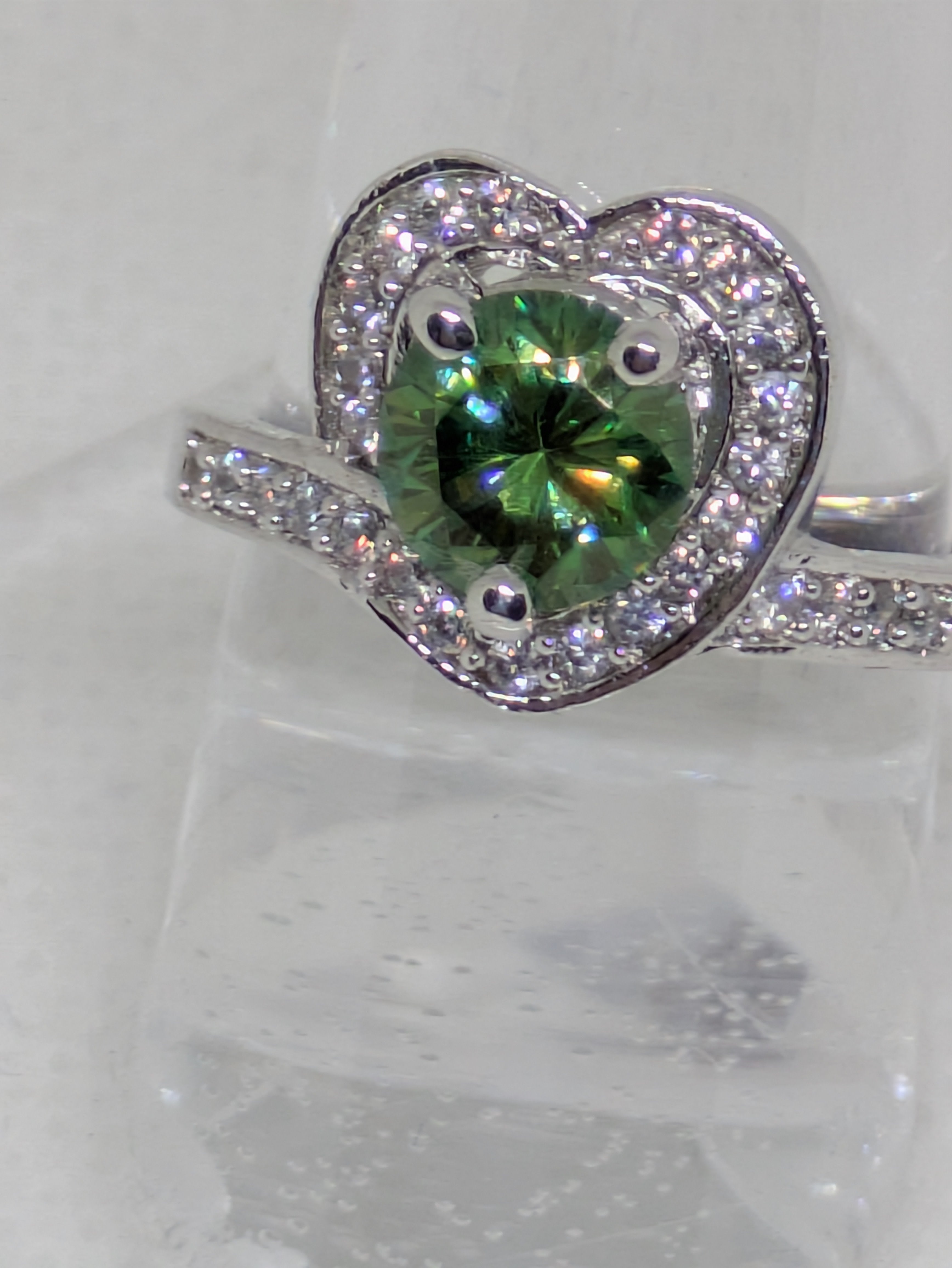 1ct Green Moissanite Heart-Shaped Promise Ring with CZ Halo | VVS1 Sterling Silver Size 6.25