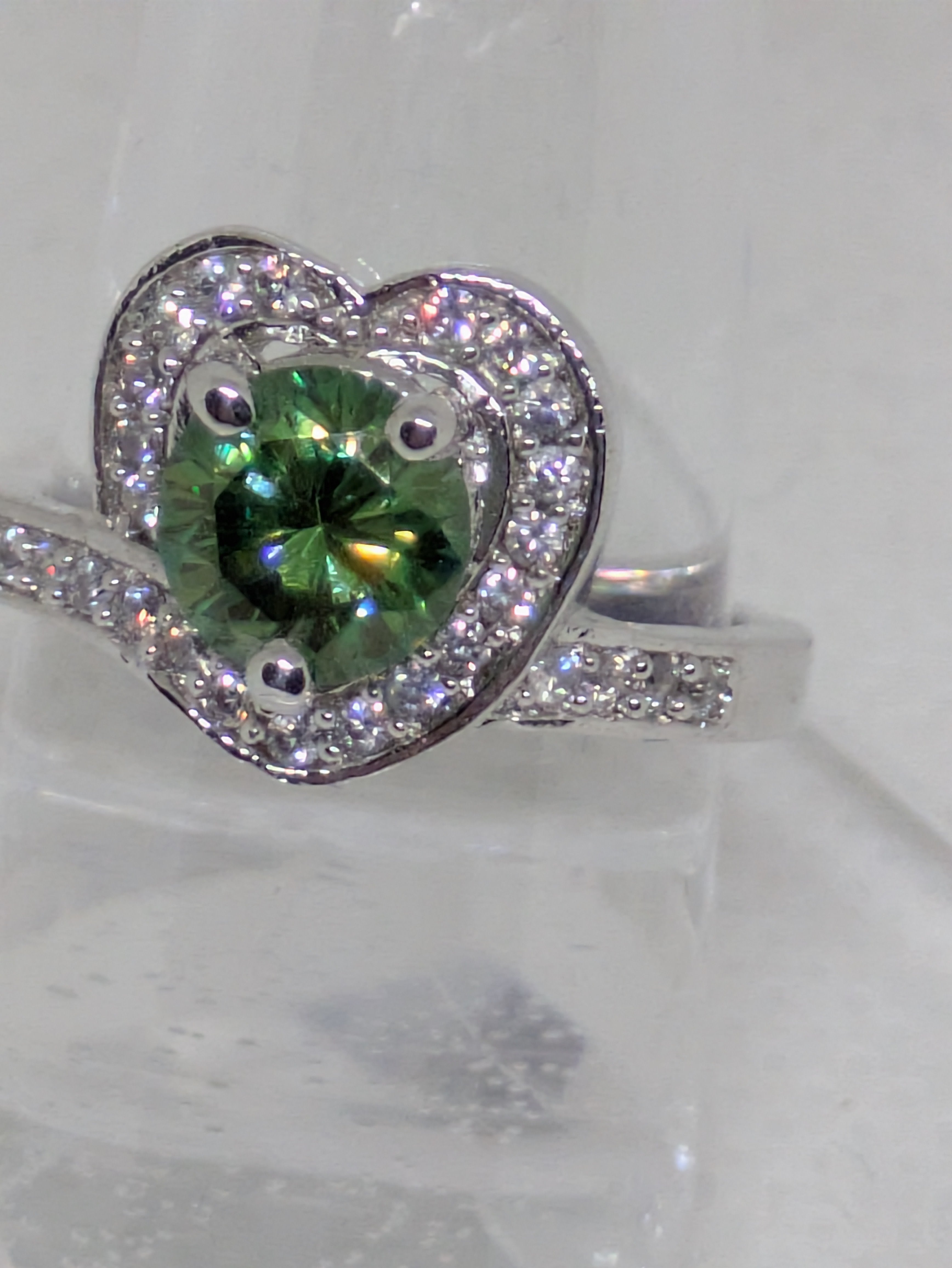 1ct Green Moissanite Heart-Shaped Promise Ring with CZ Halo | VVS1 Sterling Silver Size 6.25