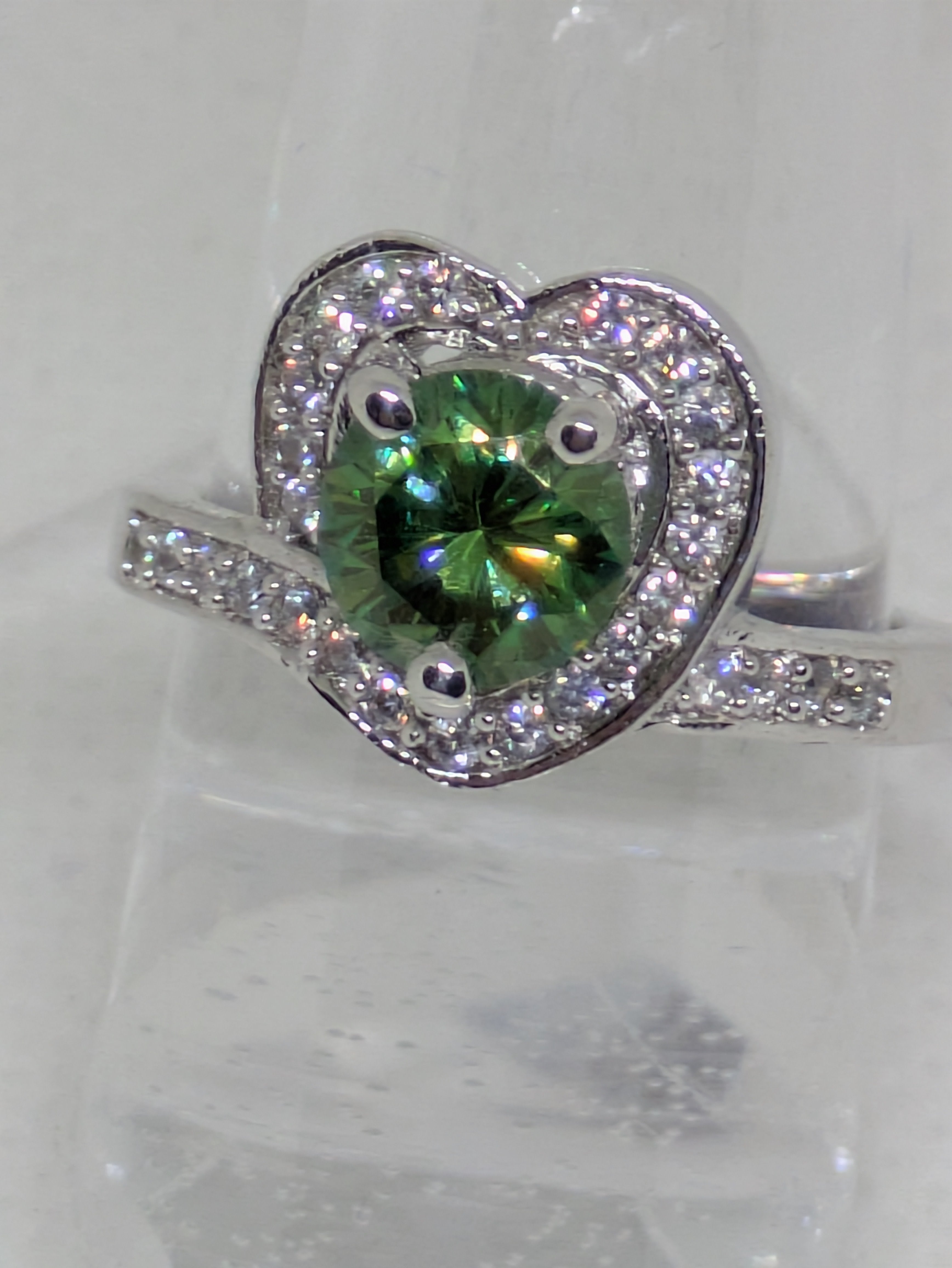 1ct Green Moissanite Heart-Shaped Promise Ring with CZ Halo | VVS1 Sterling Silver Size 6.25