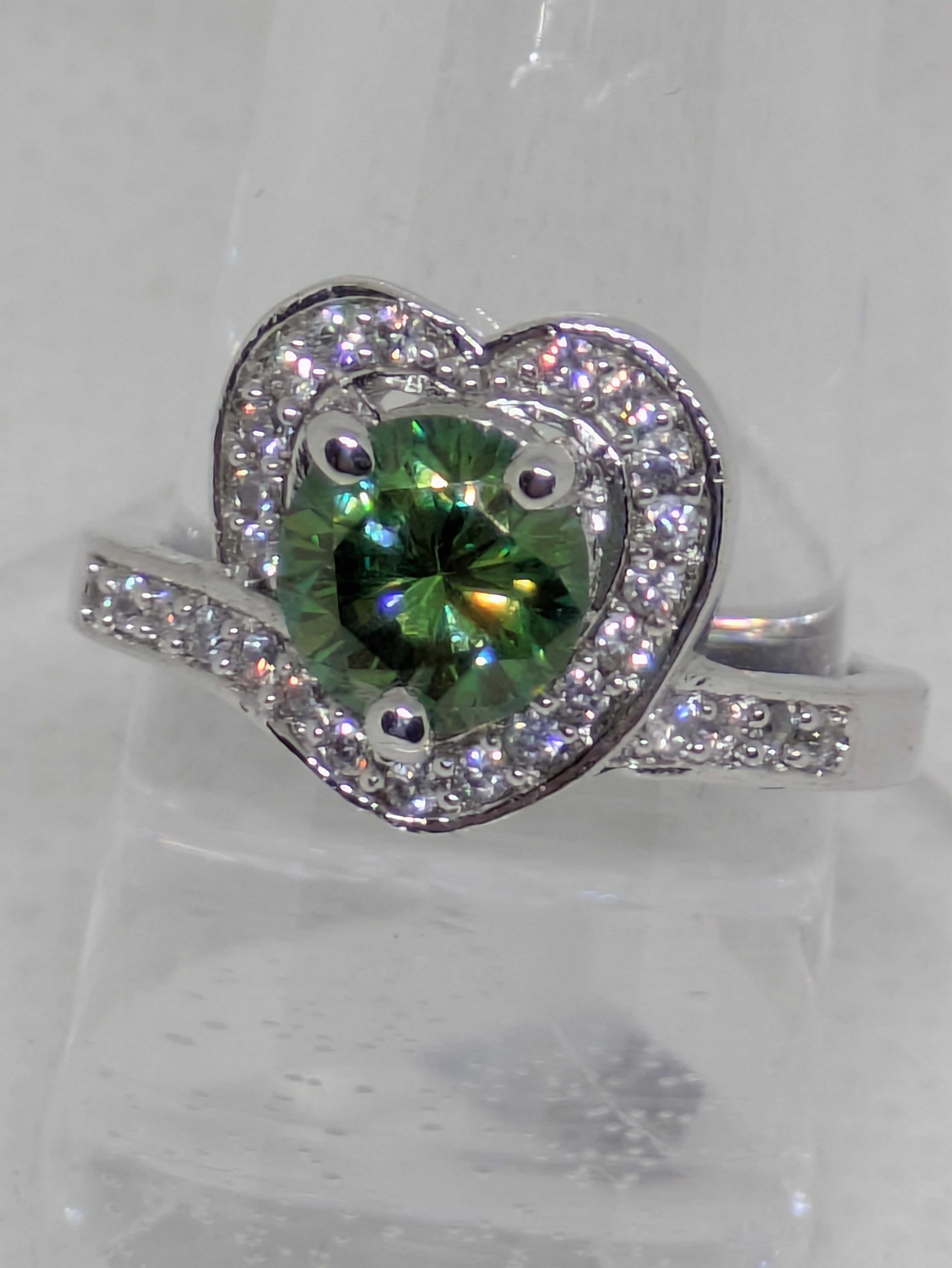 1ct Green Moissanite Heart-Shaped Promise Ring with CZ Halo | VVS1 Sterling Silver Size 6.25