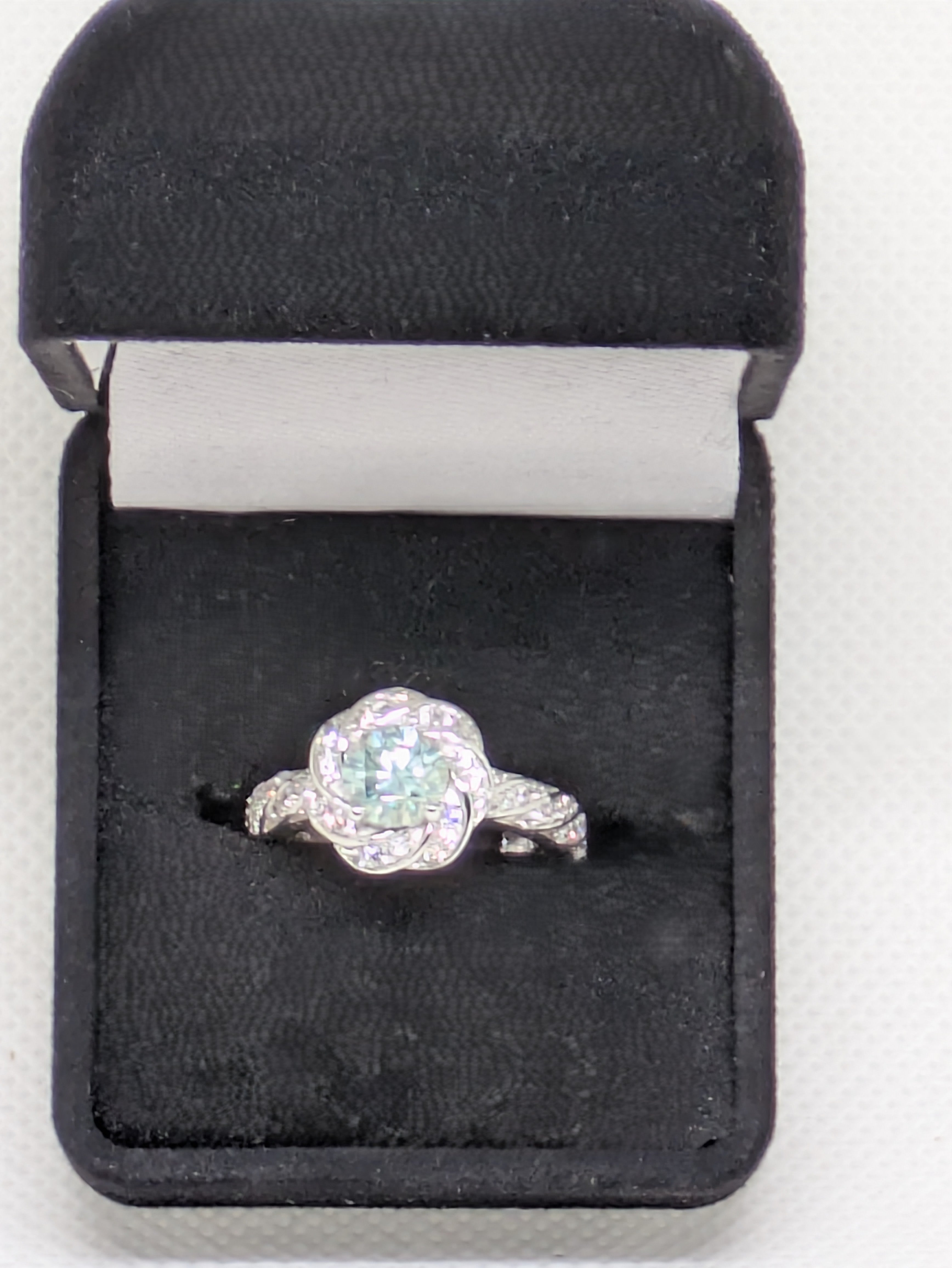 1.50ct Blue Moissanite Swirled Halo Ring | 3.26ctw Round Cut with CZ Accents Sterling Silver Size 7