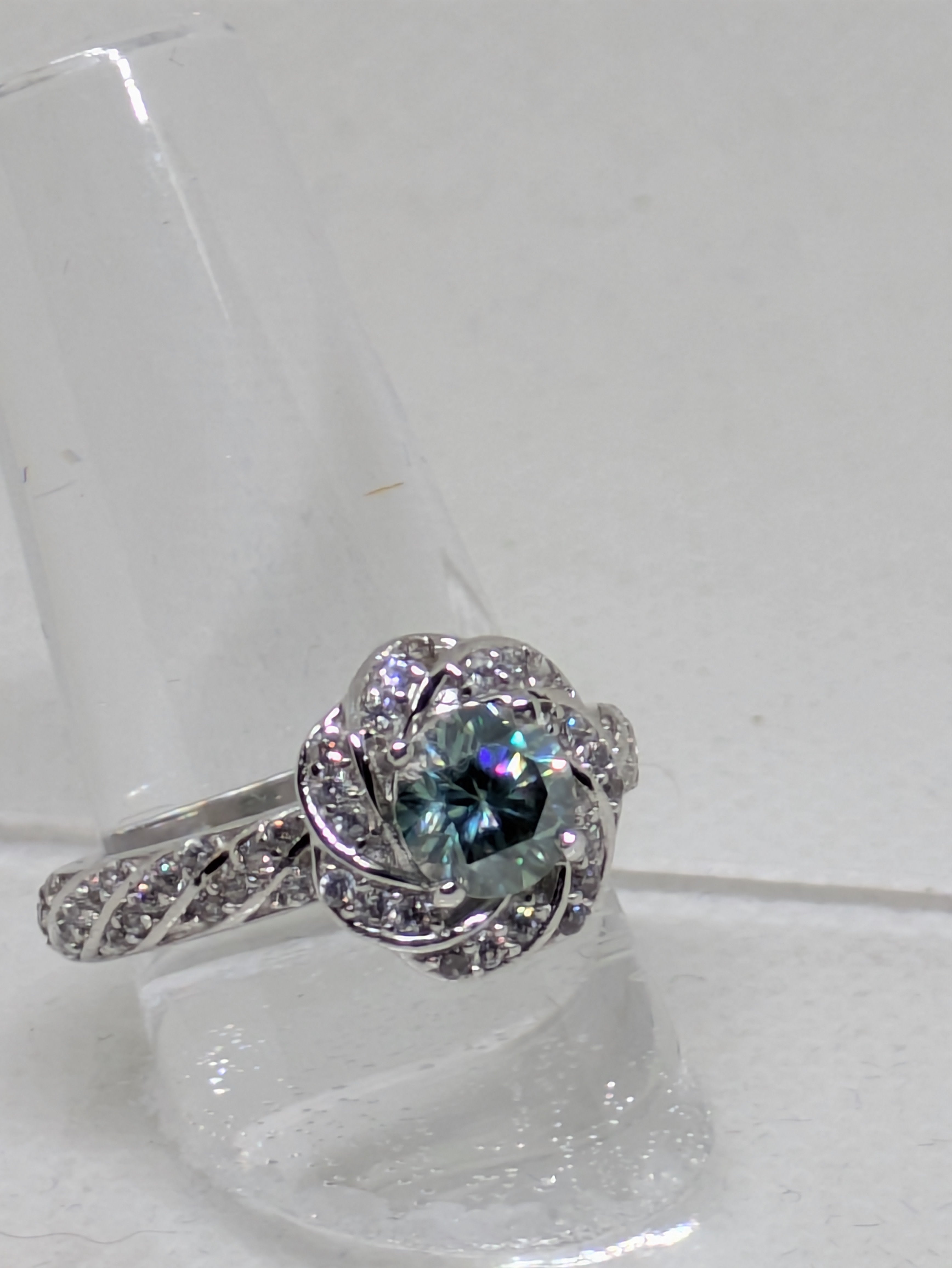 1.50ct Blue Moissanite Swirled Halo Ring | 3.26ctw Round Cut with CZ Accents Sterling Silver Size 7