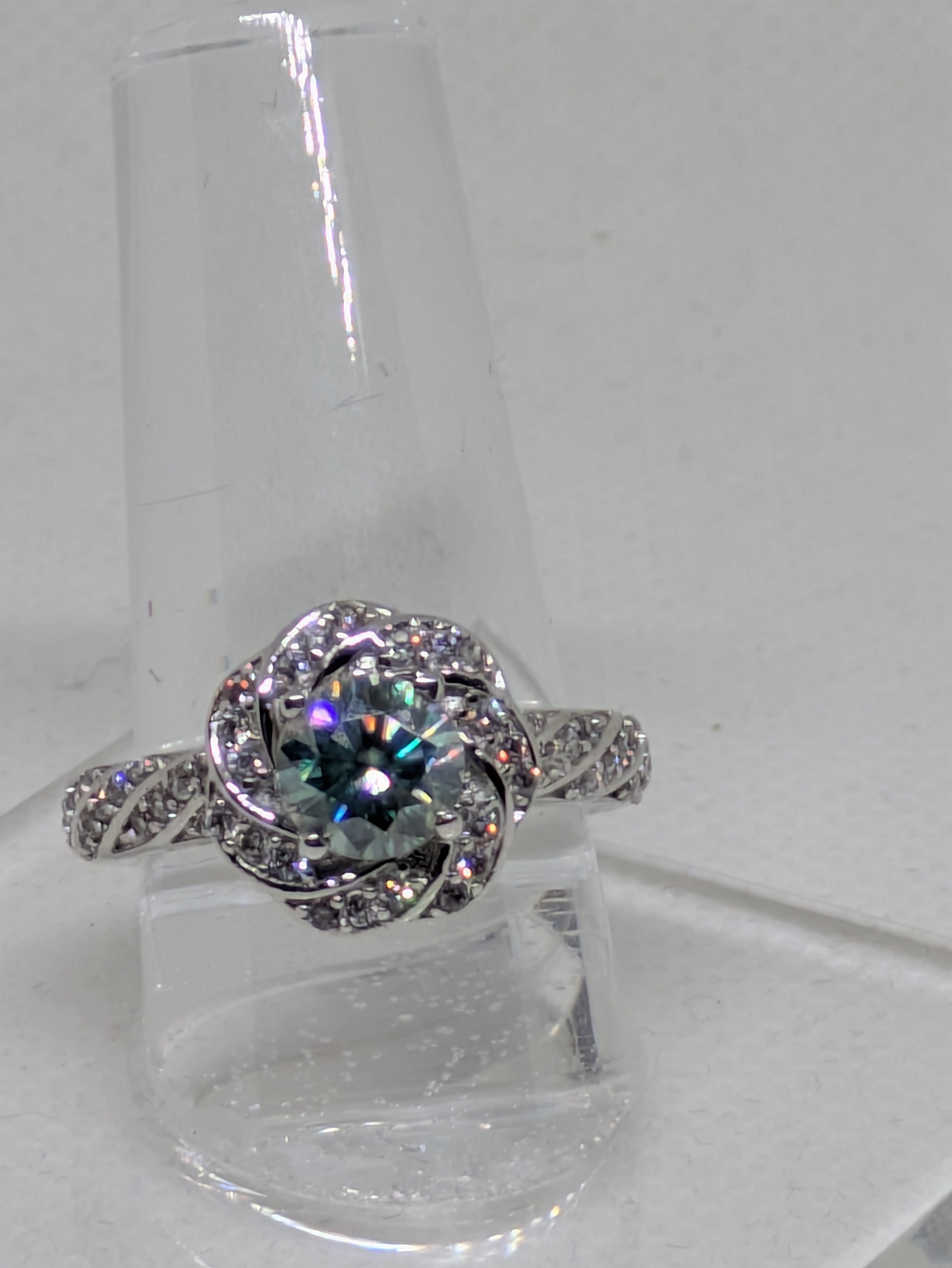 1.50ct Blue Moissanite Swirled Halo Ring | 3.26ctw Round Cut with CZ Accents Sterling Silver Size 7