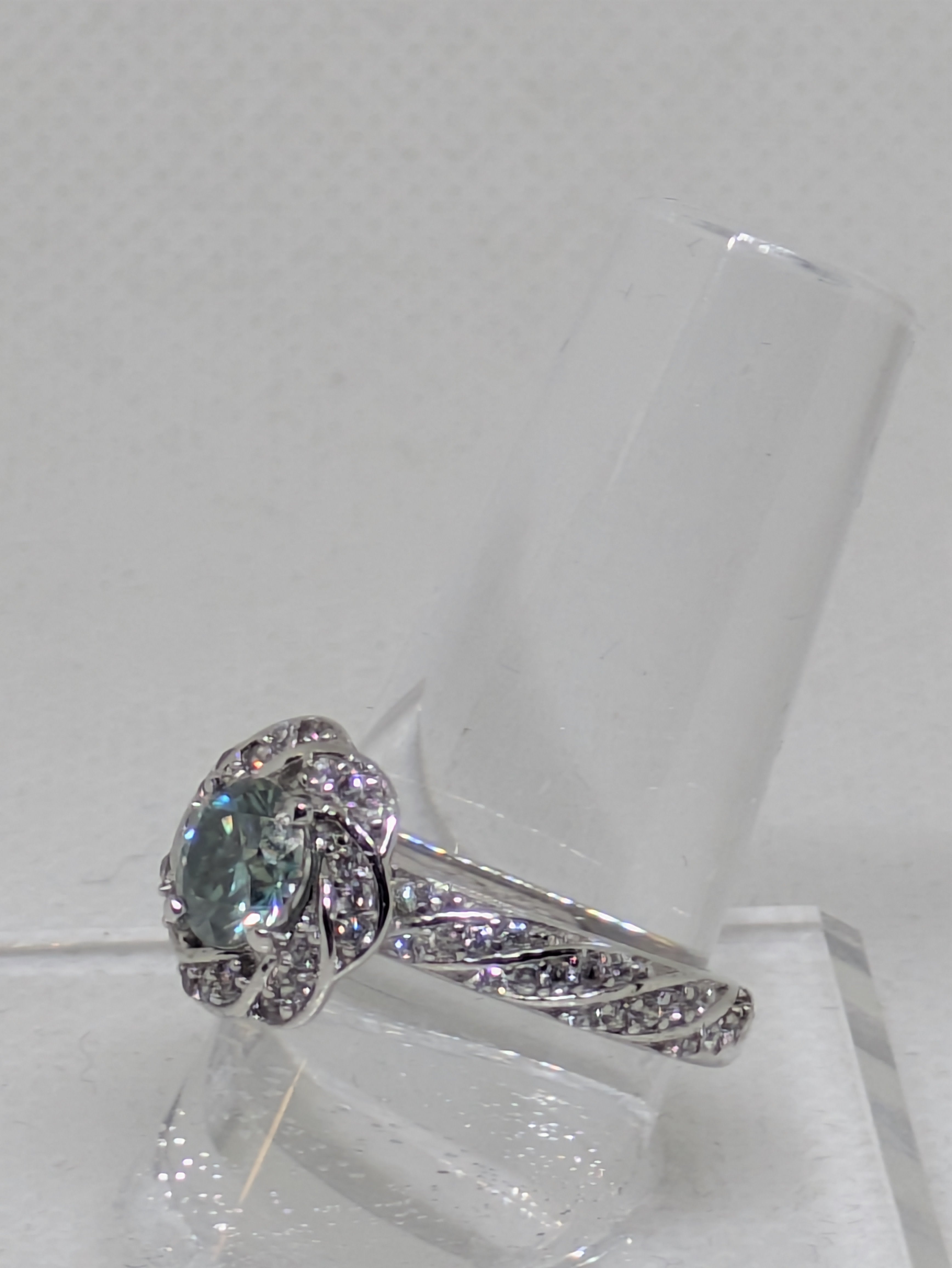 1.50ct Blue Moissanite Swirled Halo Ring | 3.26ctw Round Cut with CZ Accents Sterling Silver Size 7