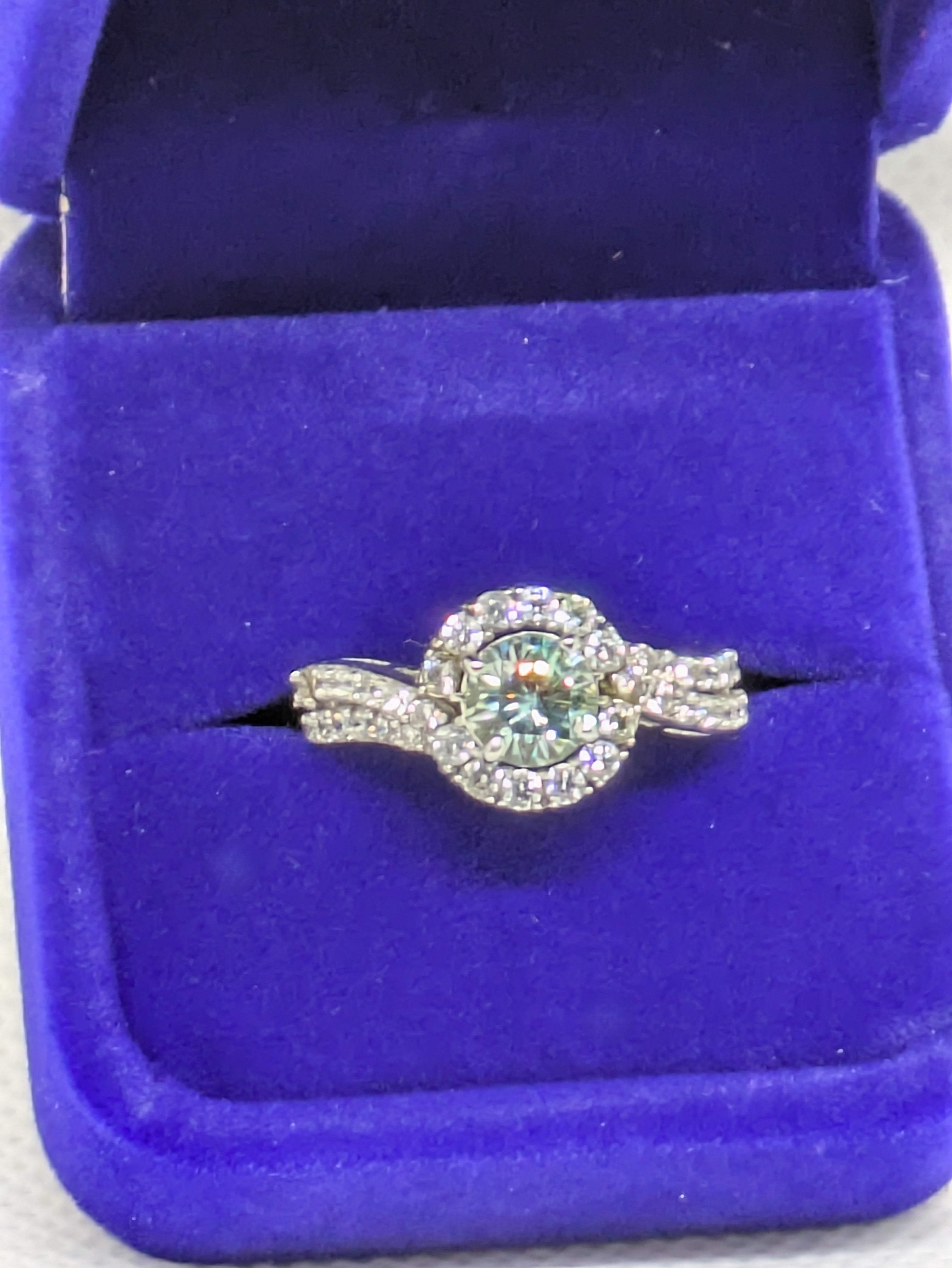 1.20ct Blue Green Moissanite Cocktail Ring with CZ Halo | Vintage Glow Sterling Silver Size 7