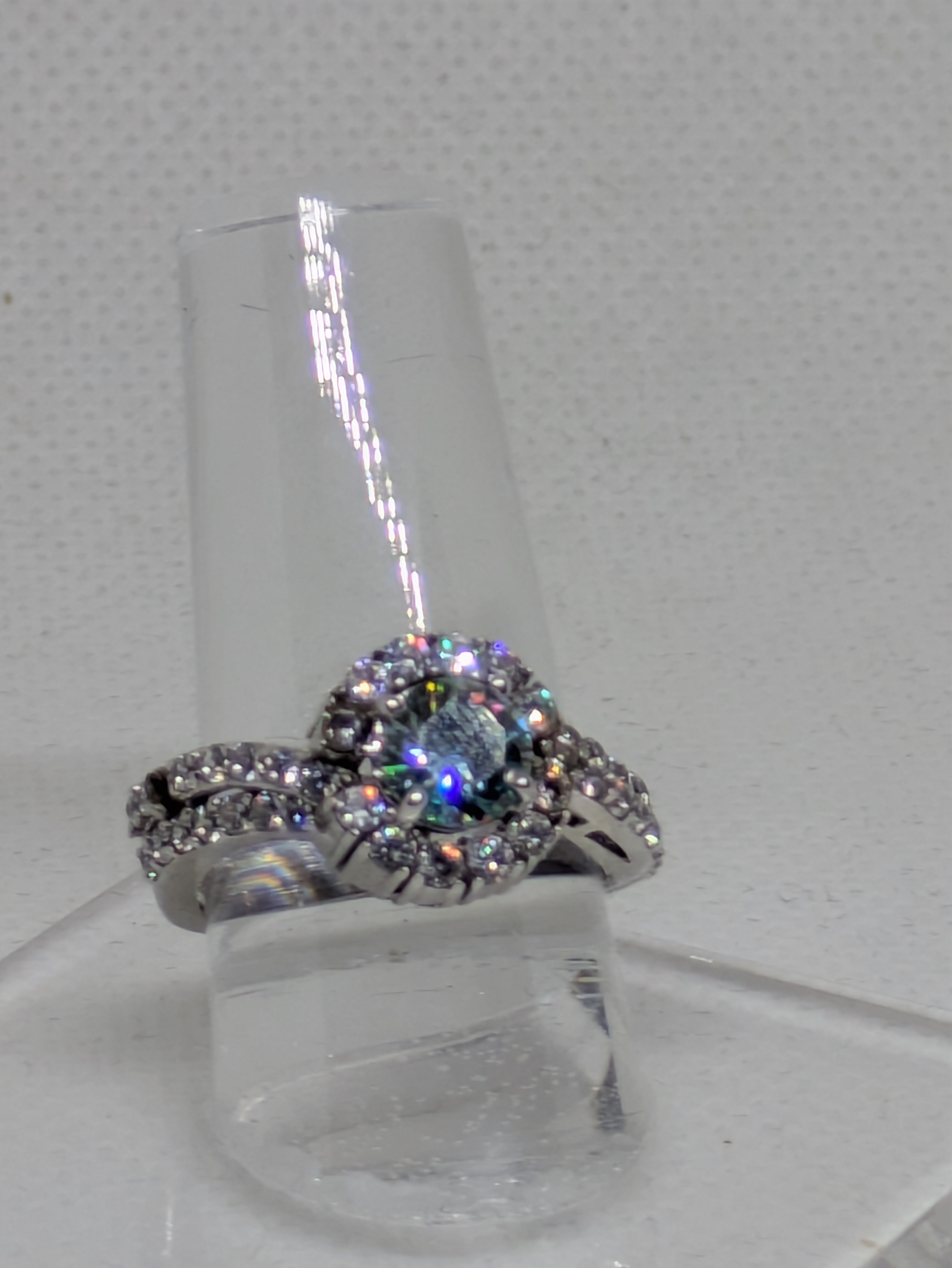 1.20ct Blue Green Moissanite Cocktail Ring with CZ Halo | Vintage Glow Sterling Silver Size 7