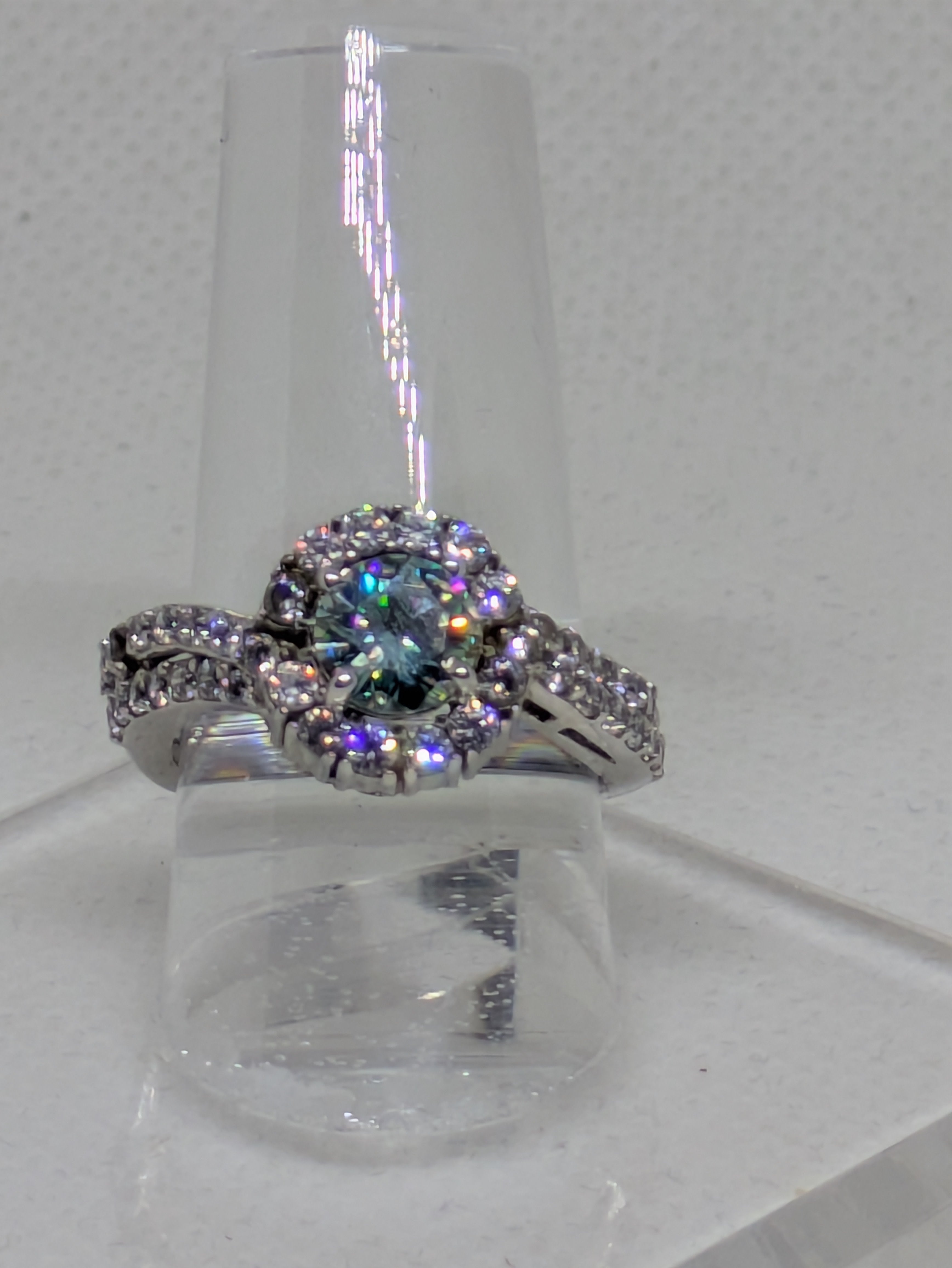 1.20ct Blue Green Moissanite Cocktail Ring with CZ Halo | Vintage Glow Sterling Silver Size 7