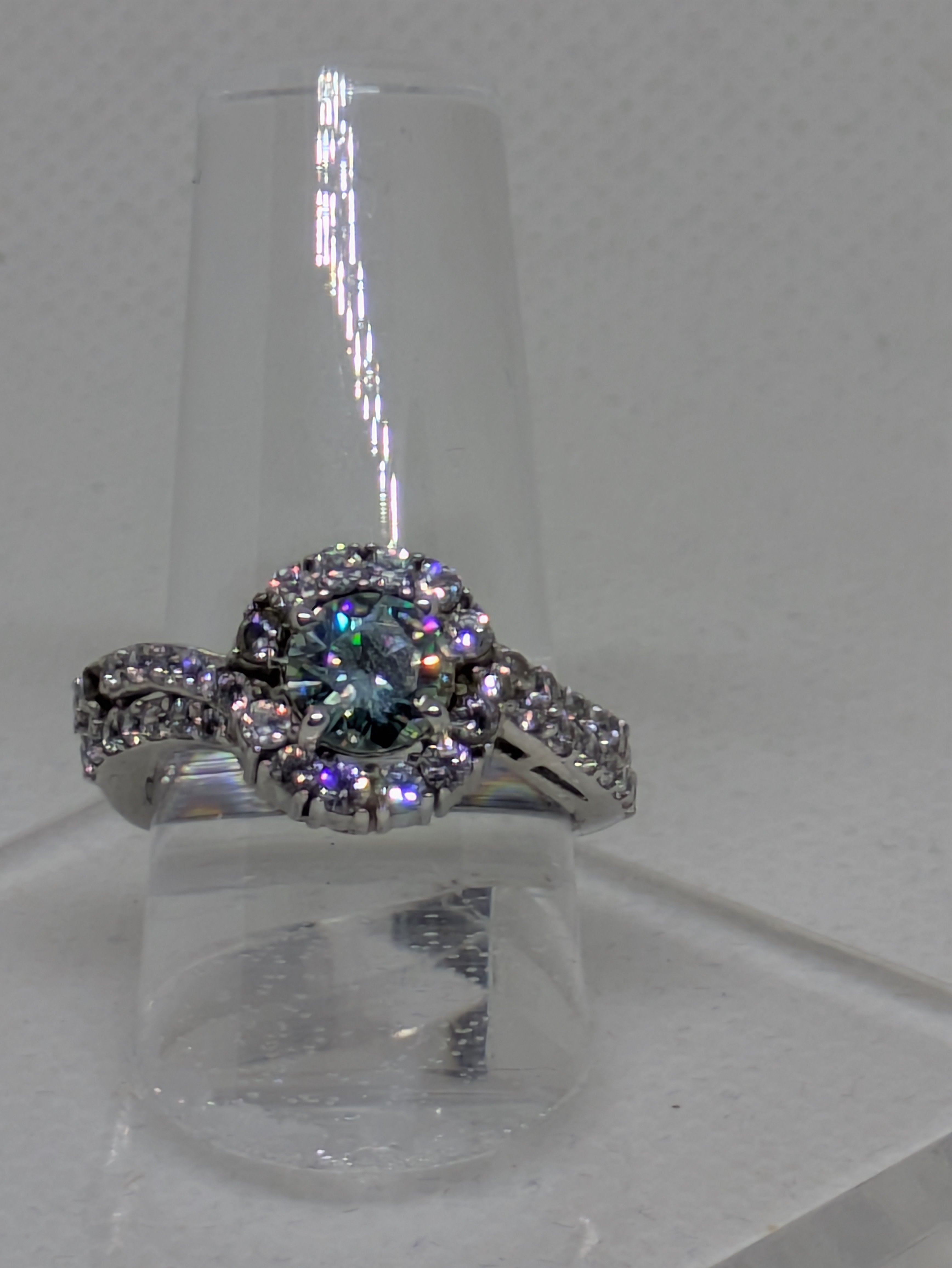 1.20ct Blue Green Moissanite Cocktail Ring with CZ Halo | Vintage Glow Sterling Silver Size 7
