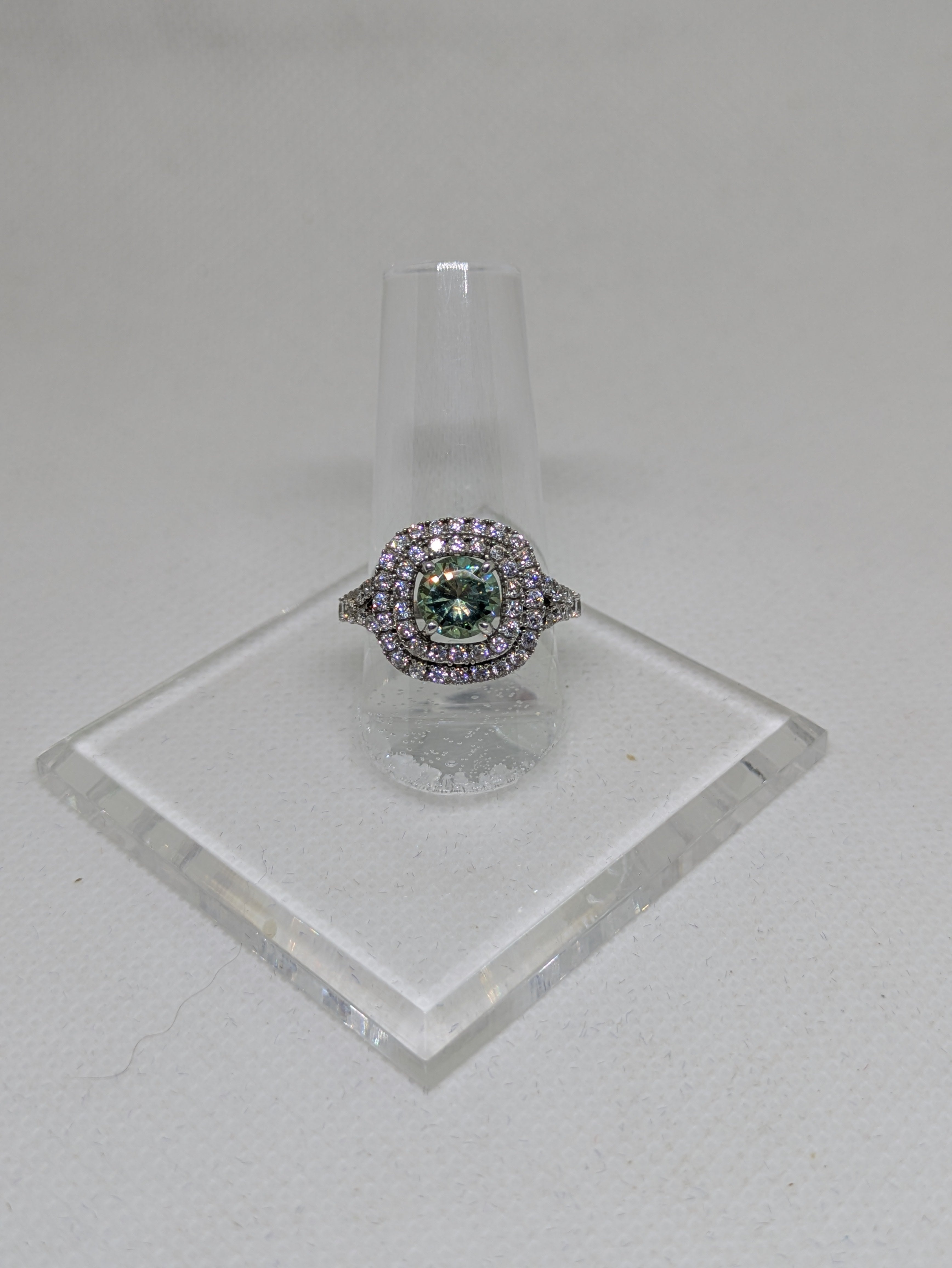 1.45ct Blue Green Moissanite Square Cocktail Ring with Double CZ Halo | VVS1 3.16ctw Sterling Silver Size 7