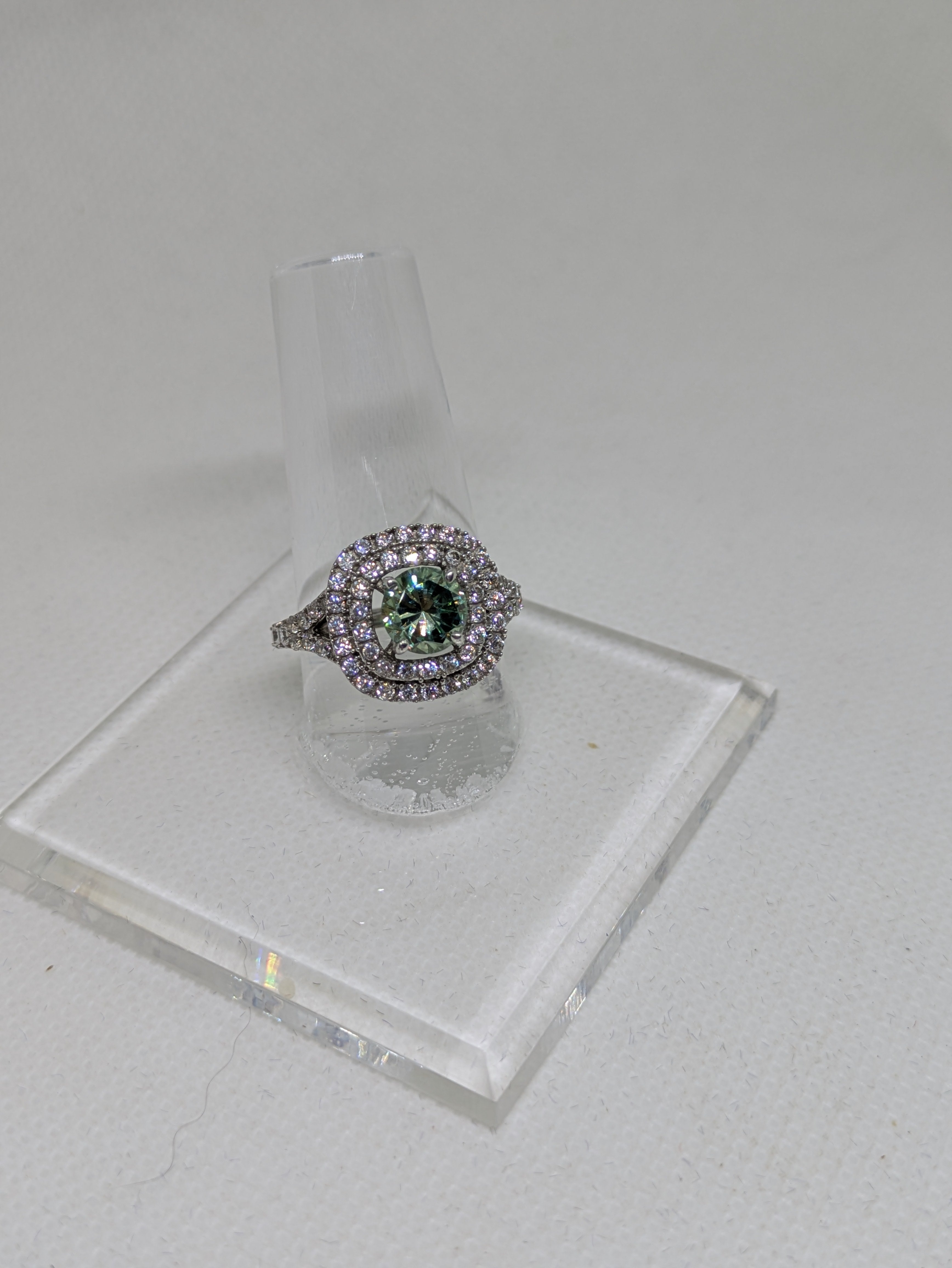 1.45ct Blue Green Moissanite Square Cocktail Ring with Double CZ Halo | VVS1 3.16ctw Sterling Silver Size 7