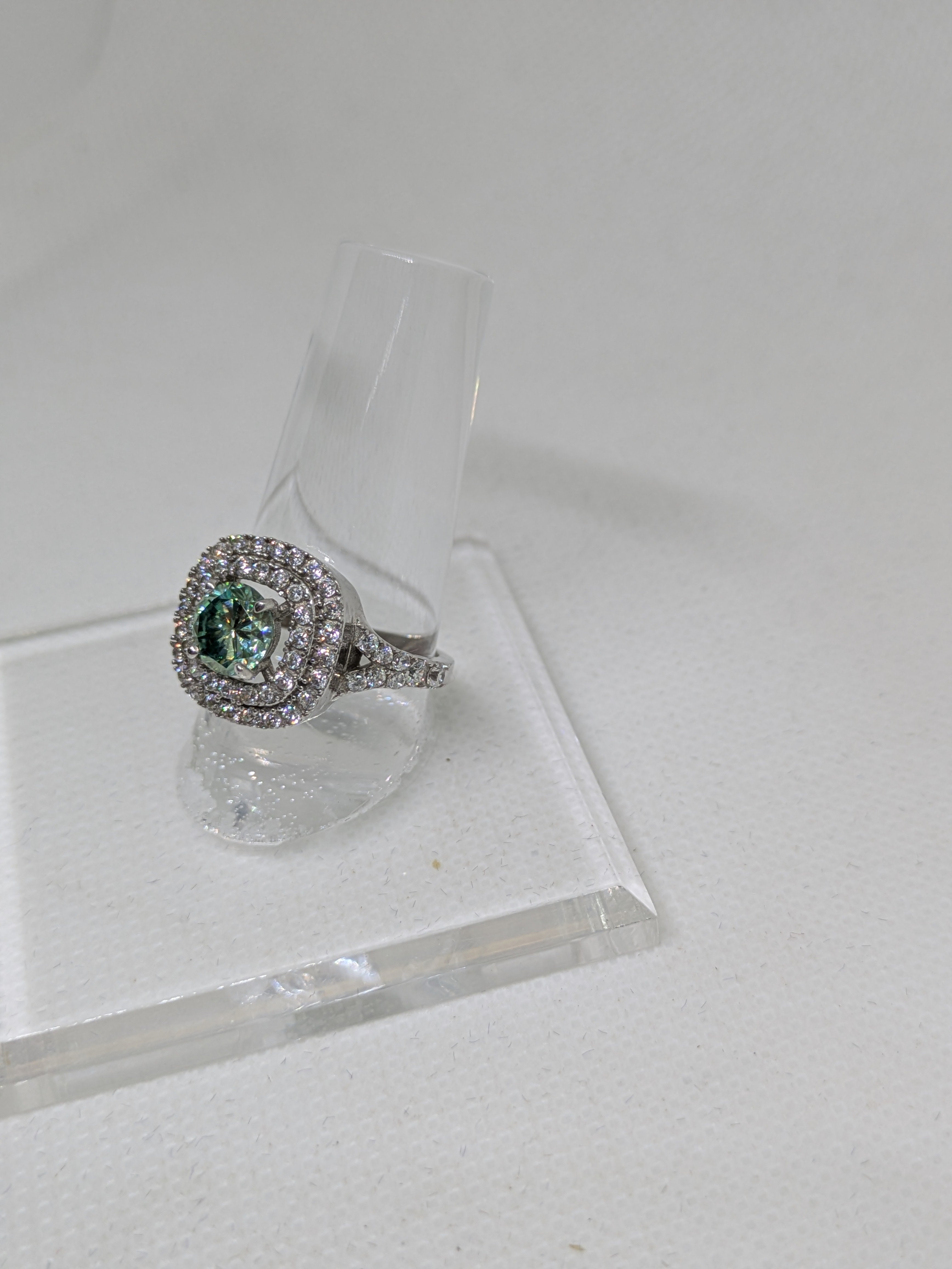 1.45ct Blue Green Moissanite Square Cocktail Ring with Double CZ Halo | VVS1 3.16ctw Sterling Silver Size 7