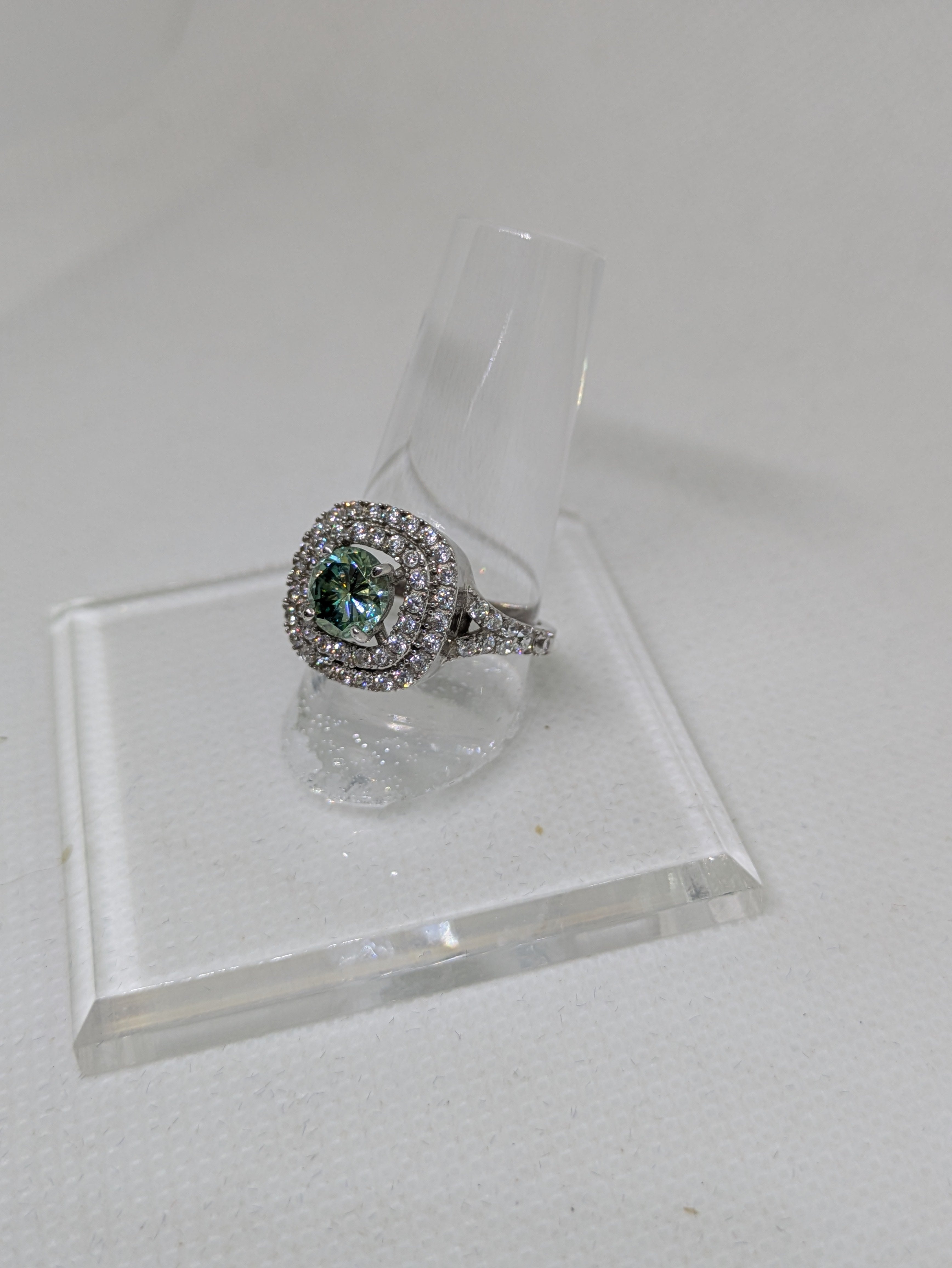 1.45ct Blue Green Moissanite Square Cocktail Ring with Double CZ Halo | VVS1 3.16ctw Sterling Silver Size 7