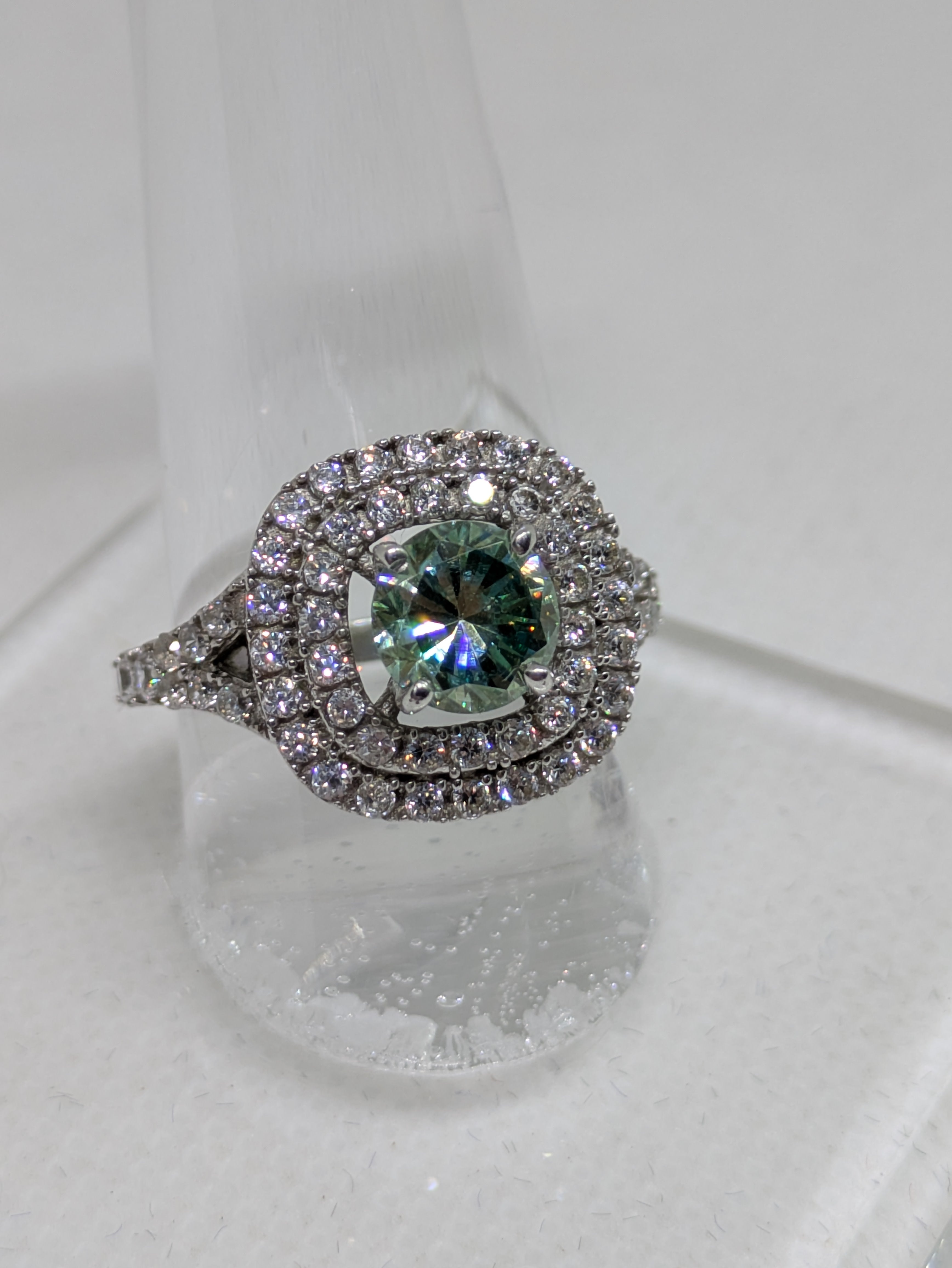 1.45ct Blue Green Moissanite Square Cocktail Ring with Double CZ Halo | VVS1 3.16ctw Sterling Silver Size 7