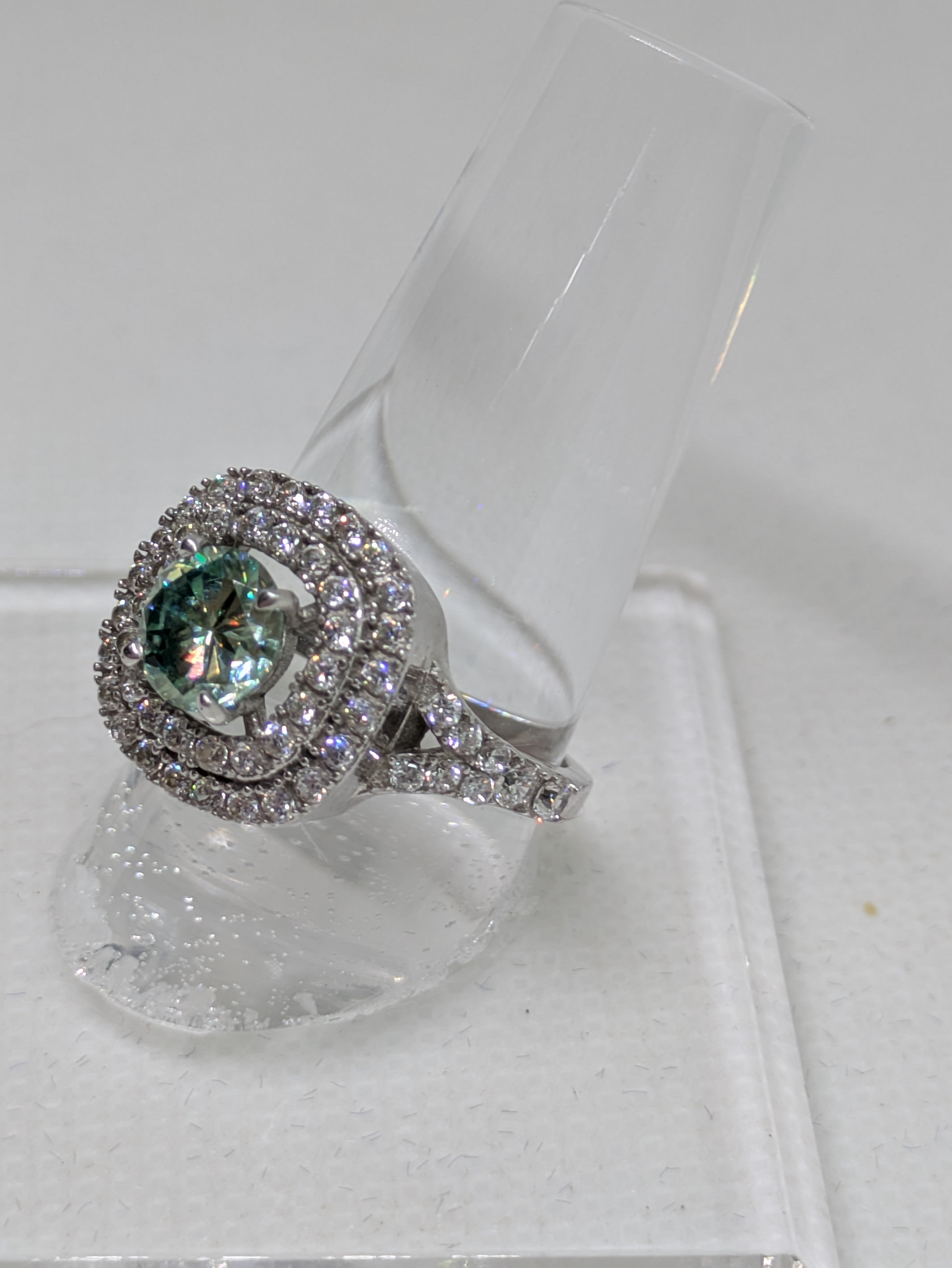 1.45ct Blue Green Moissanite Square Cocktail Ring with Double CZ Halo | VVS1 3.16ctw Sterling Silver Size 7