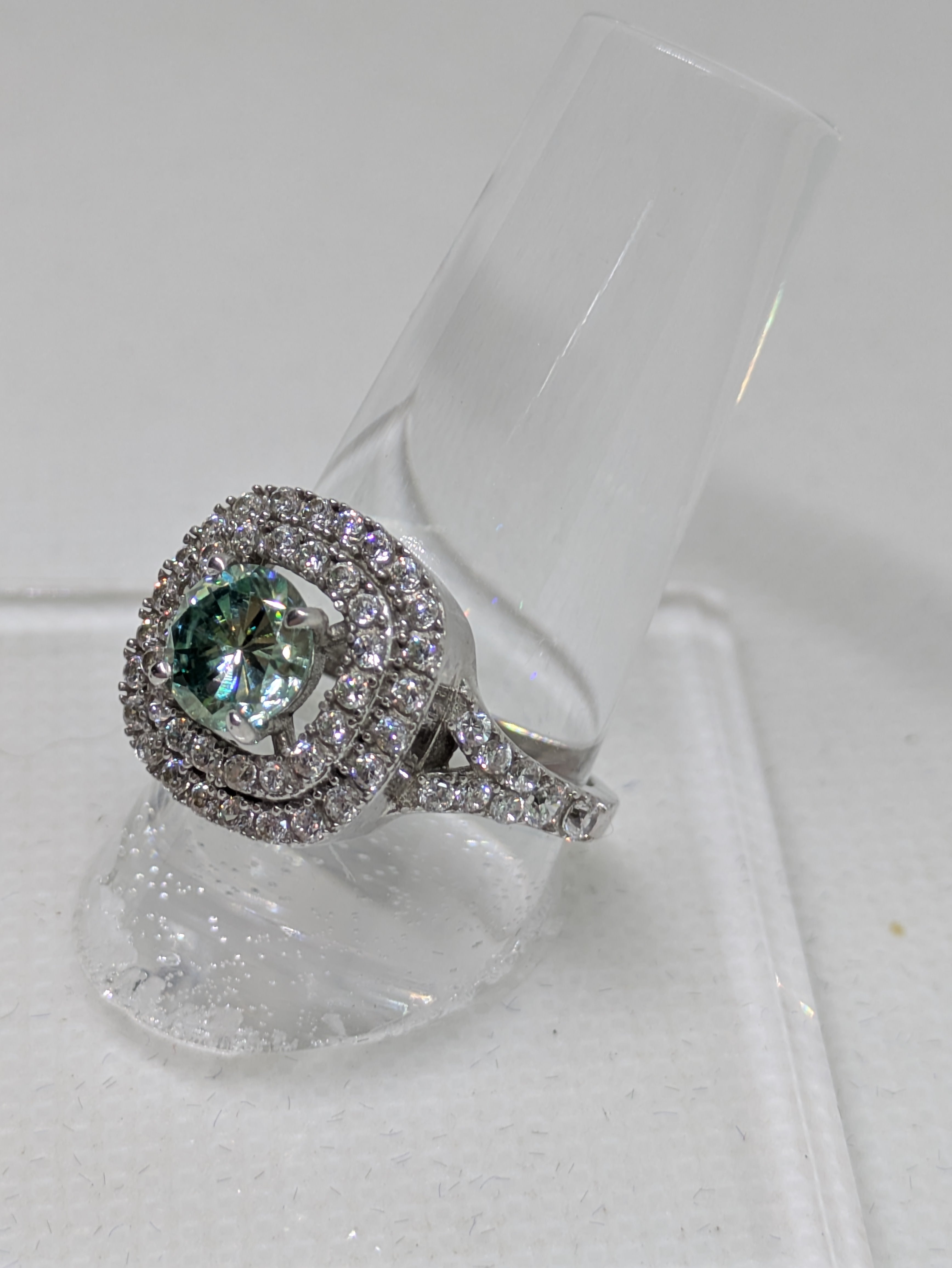 1.45ct Blue Green Moissanite Square Cocktail Ring with Double CZ Halo | VVS1 3.16ctw Sterling Silver Size 7
