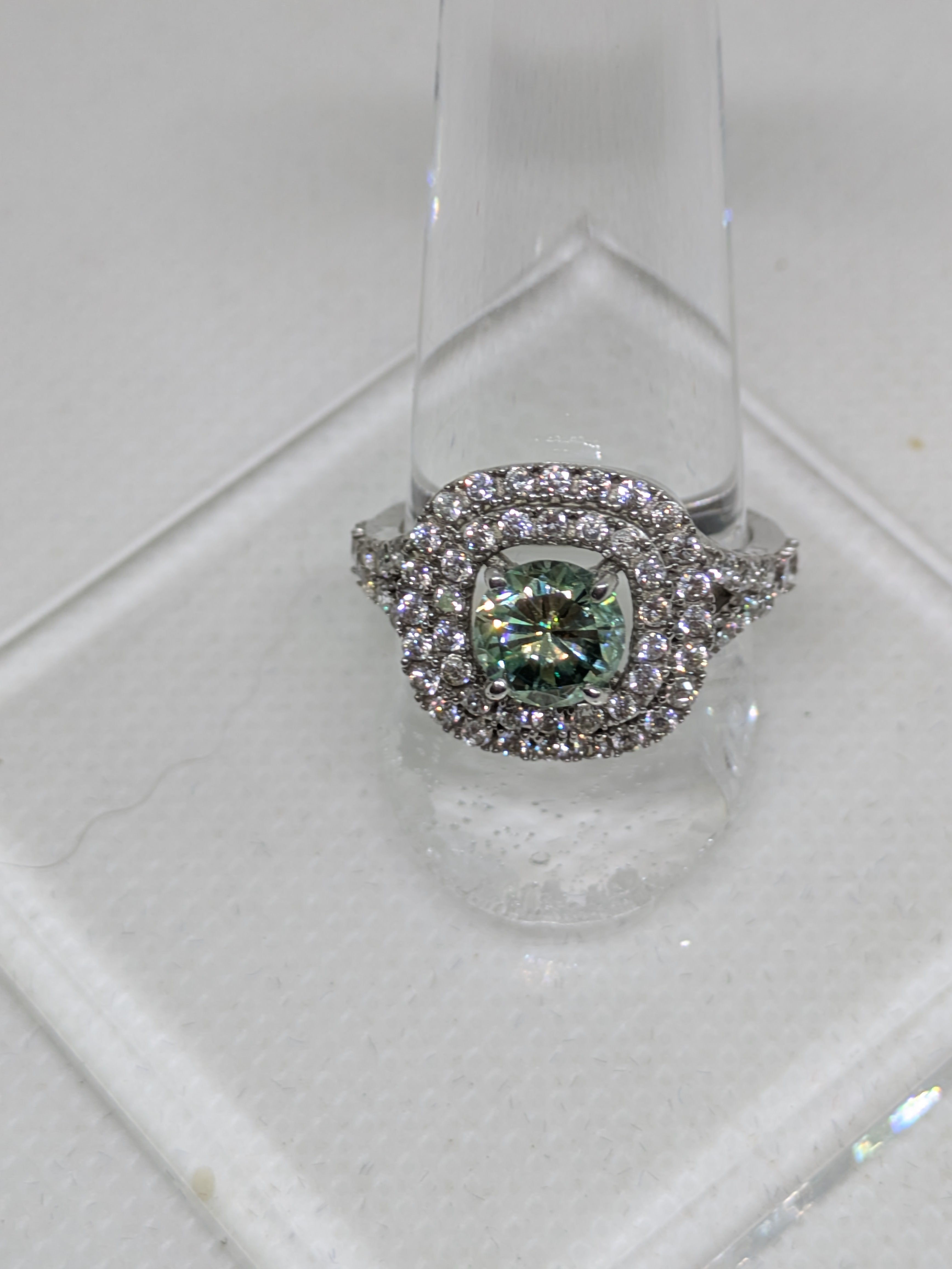 1.45ct Blue Green Moissanite Square Cocktail Ring with Double CZ Halo | VVS1 3.16ctw Sterling Silver Size 7