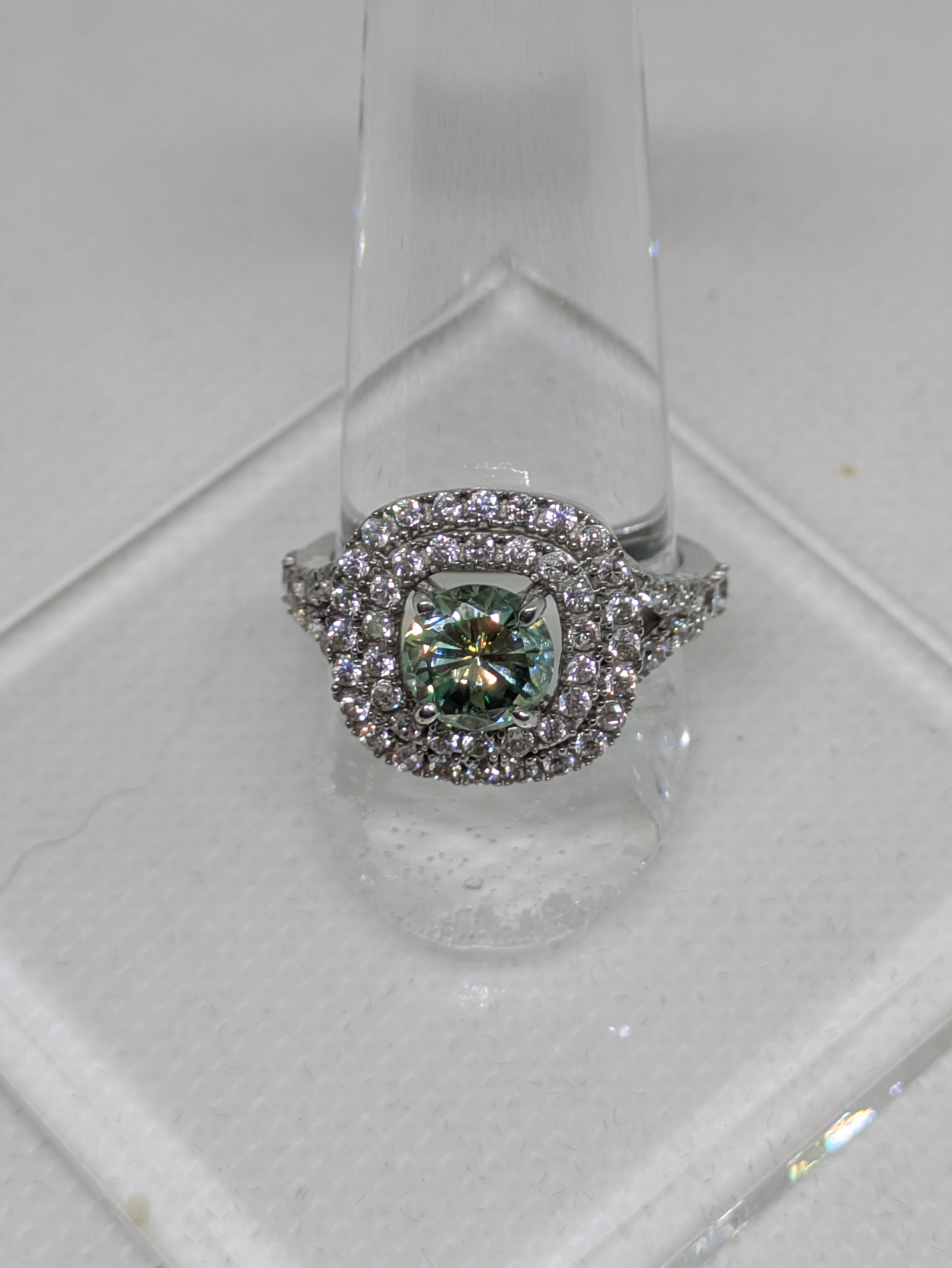 1.45ct Blue Green Moissanite Square Cocktail Ring with Double CZ Halo | VVS1 3.16ctw Sterling Silver Size 7