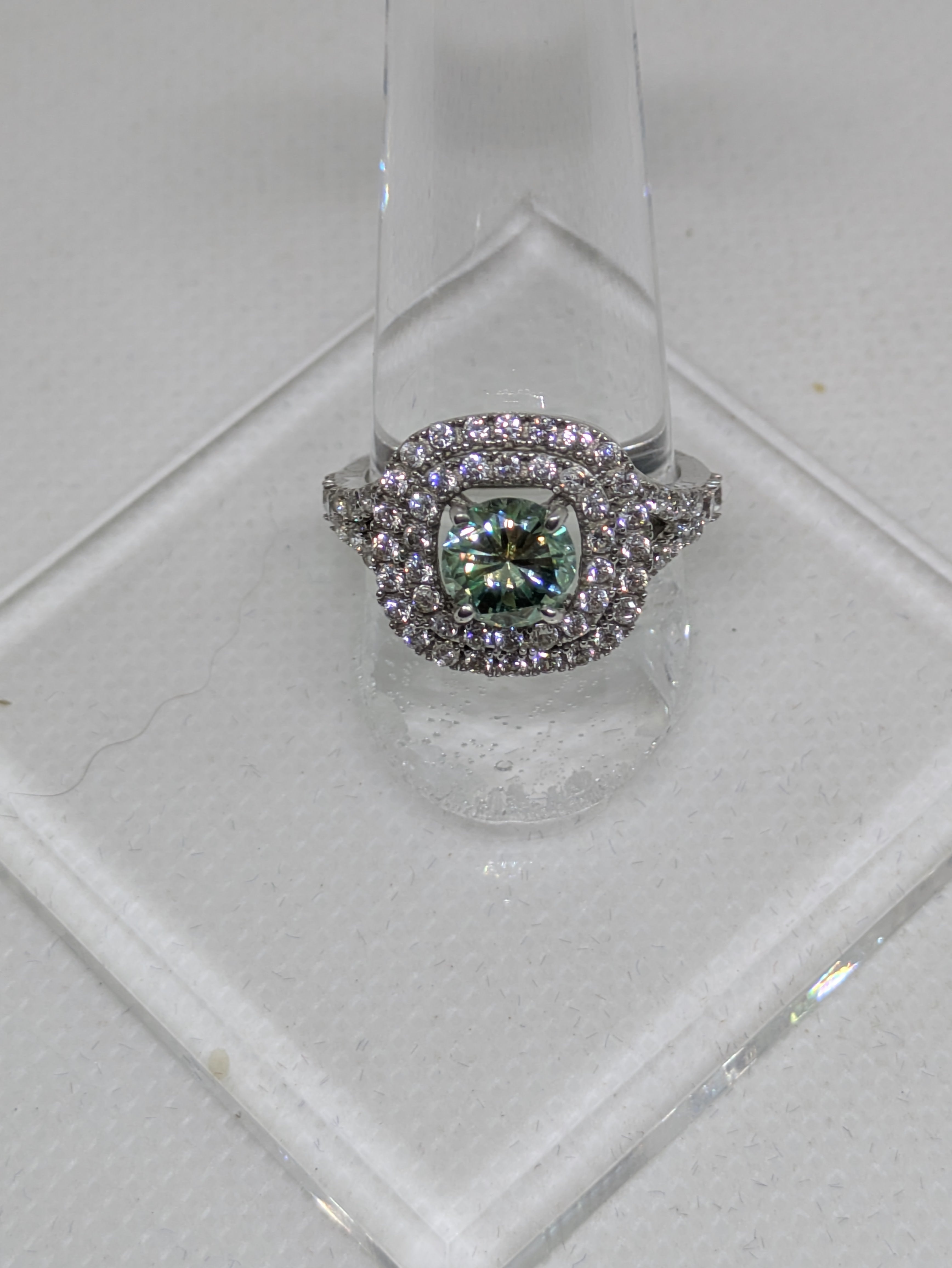 1.45ct Blue Green Moissanite Square Cocktail Ring with Double CZ Halo | VVS1 3.16ctw Sterling Silver Size 7