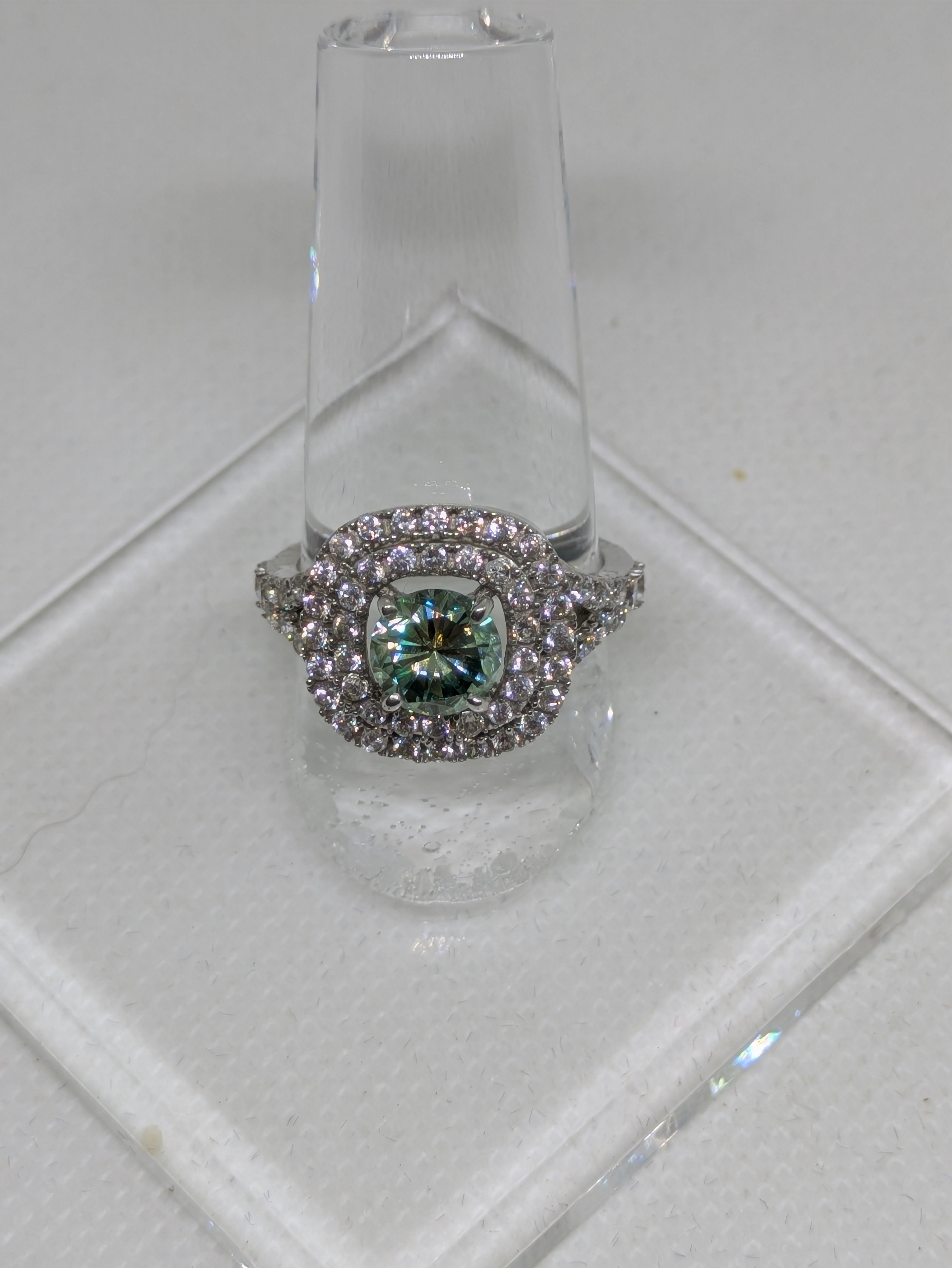 1.45ct Blue Green Moissanite Square Cocktail Ring with Double CZ Halo | VVS1 3.16ctw Sterling Silver Size 7