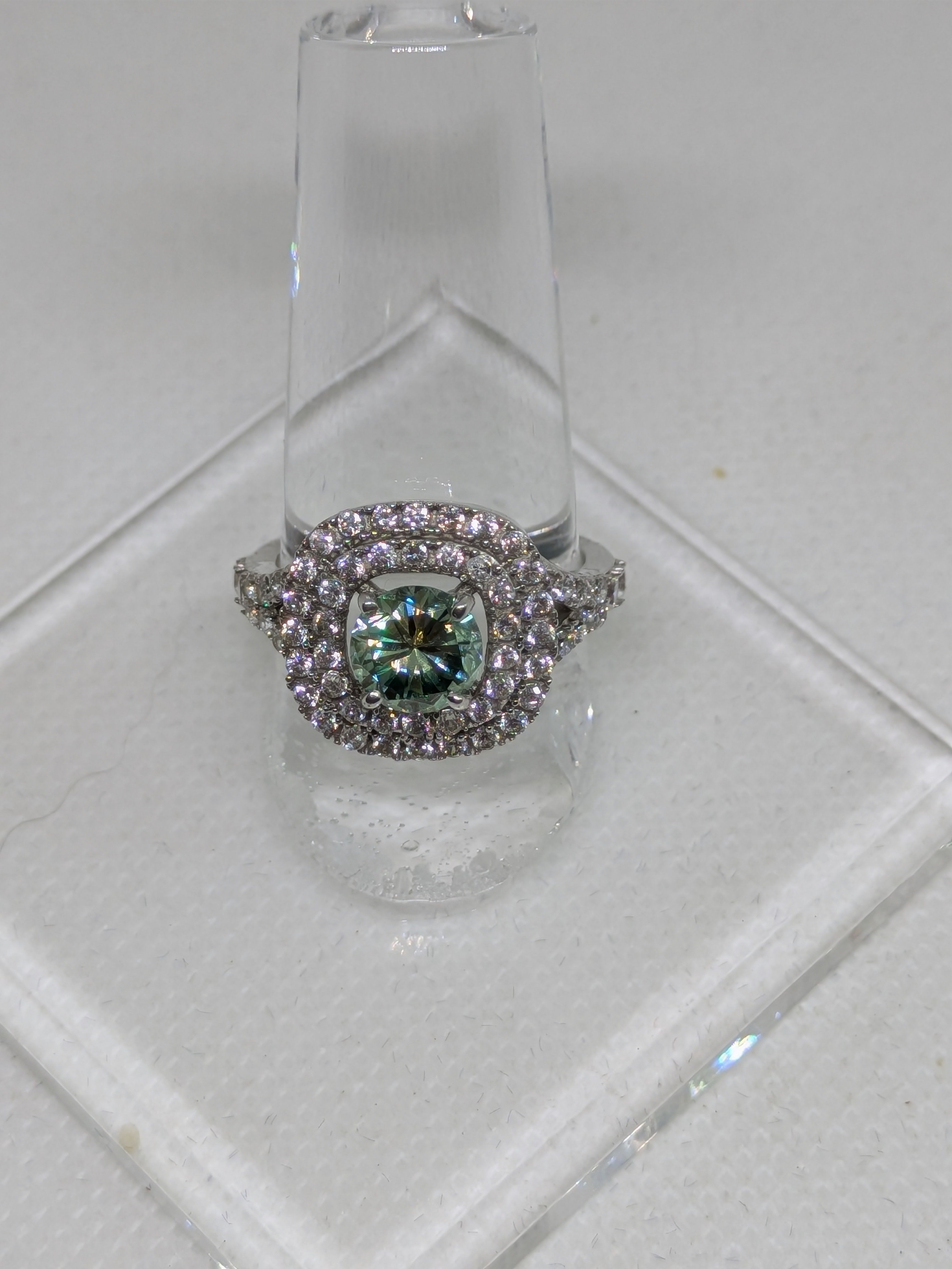 1.45ct Blue Green Moissanite Square Cocktail Ring with Double CZ Halo | VVS1 3.16ctw Sterling Silver Size 7