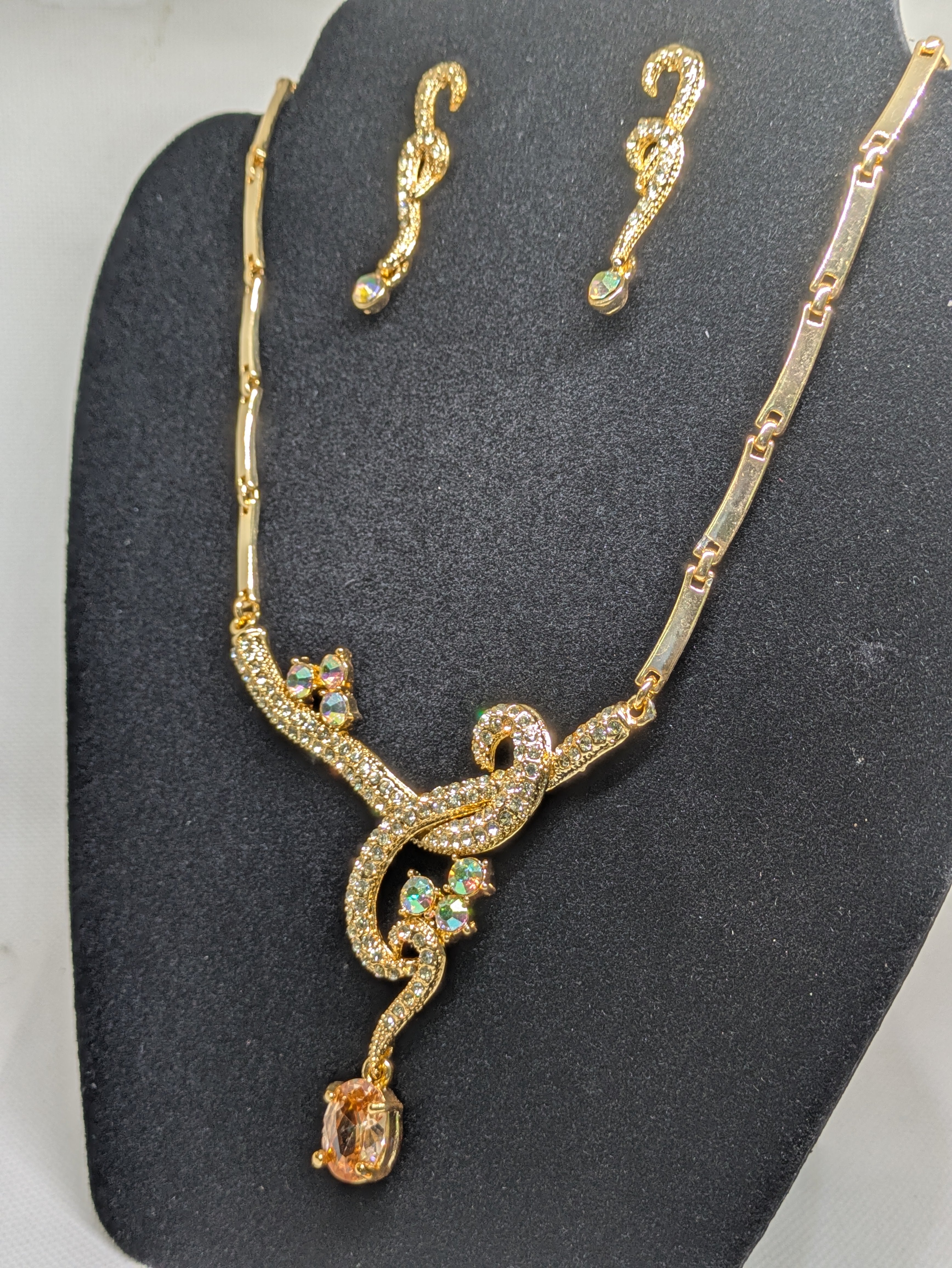 Gold tone Necklace and Pierced Earrings with faux gemstones