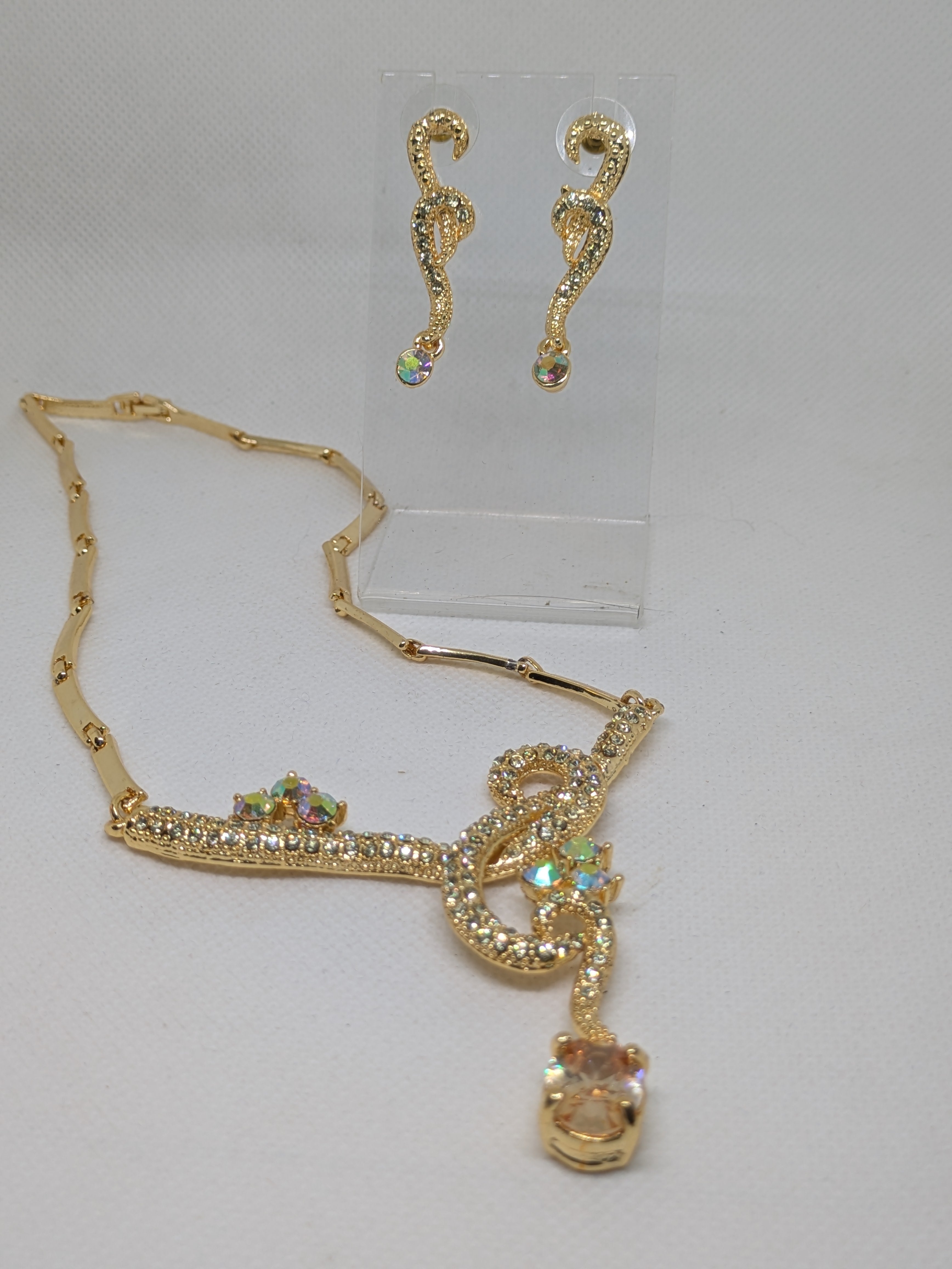 Gold tone Necklace and Pierced Earrings with faux gemstones