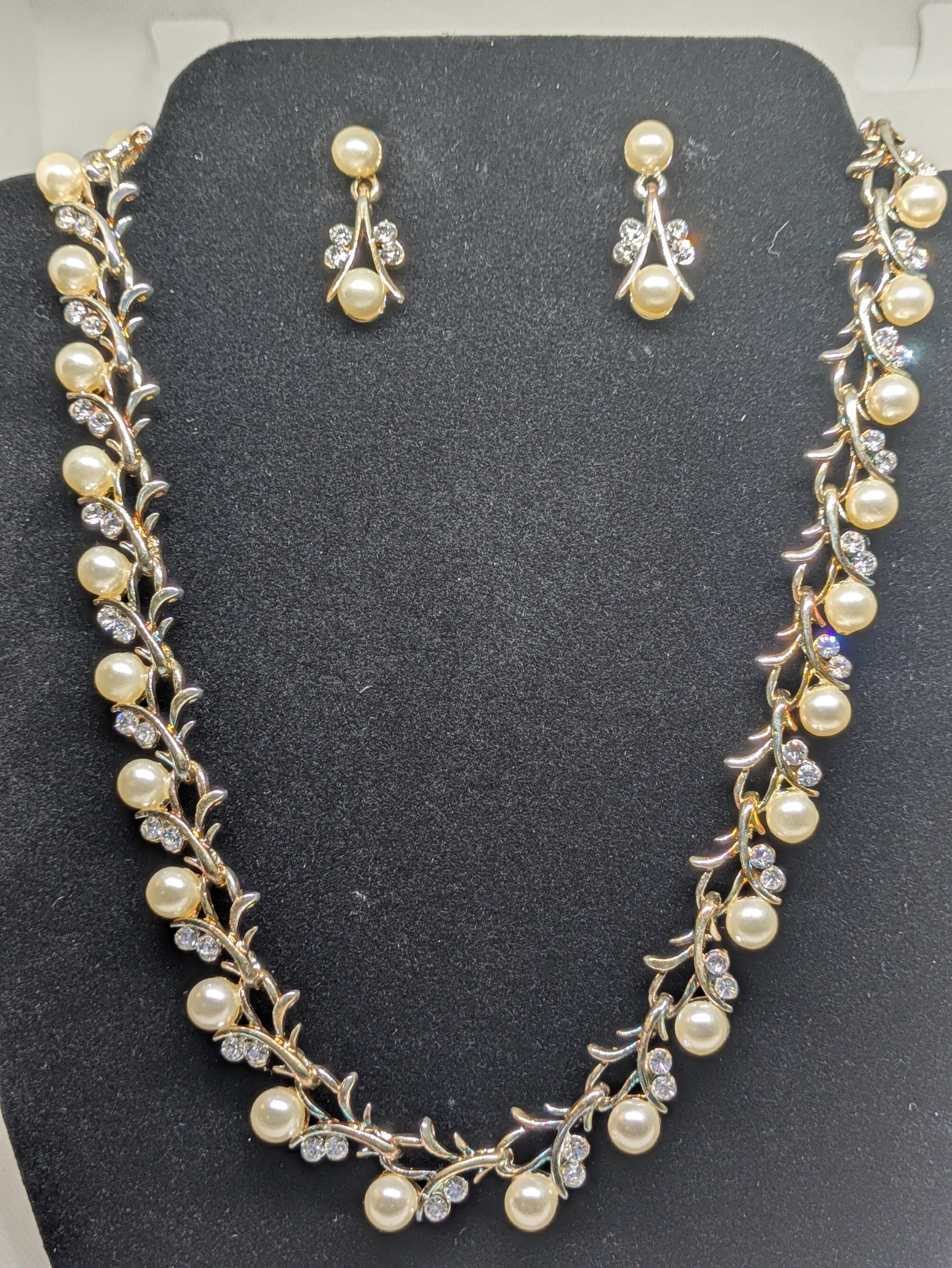 Gold Tone Costume Jewelry Set with Faux Pearls and Faux Diamonds