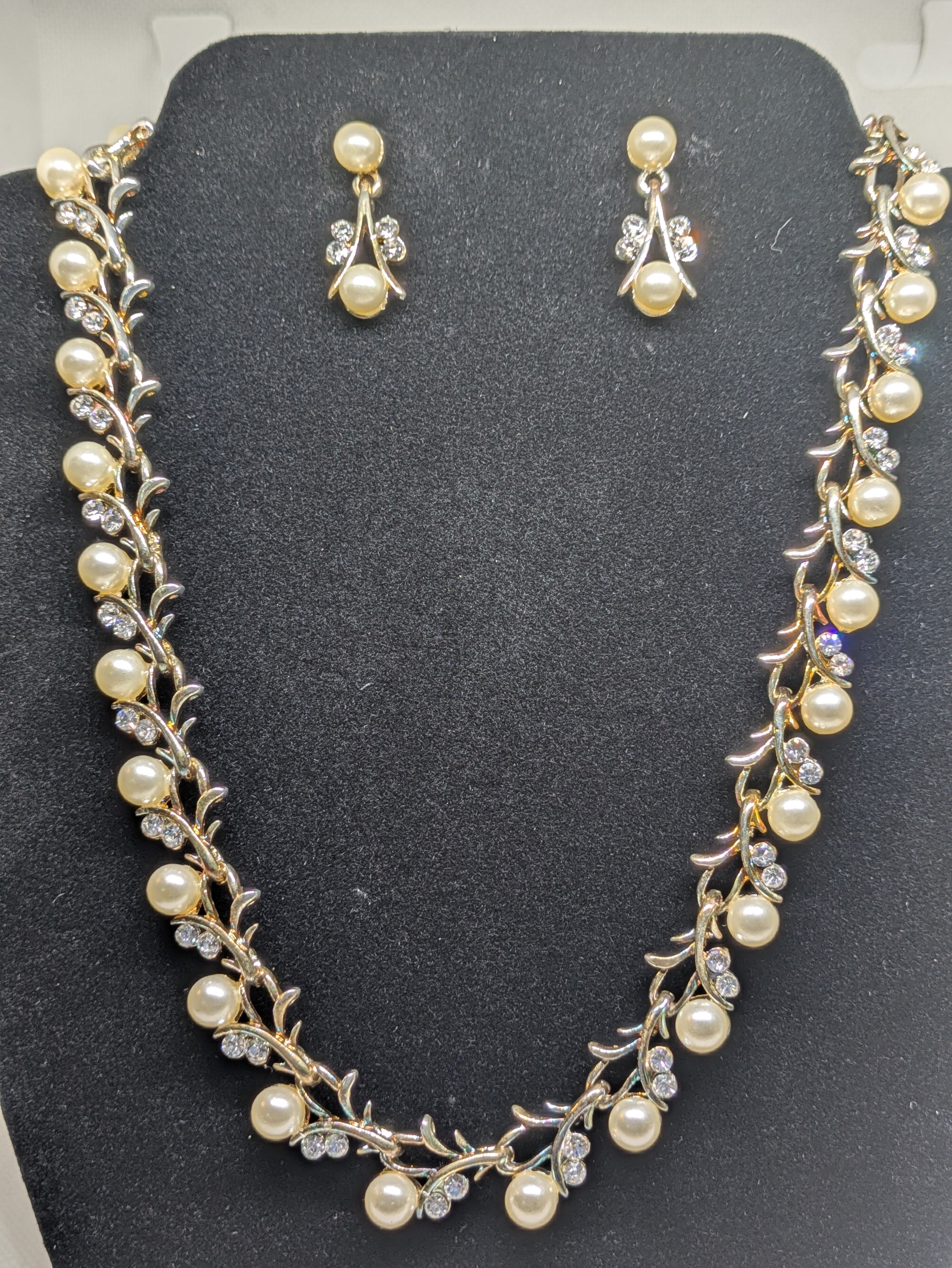Gold Tone Costume Jewelry Set with Faux Pearls and Faux Diamonds