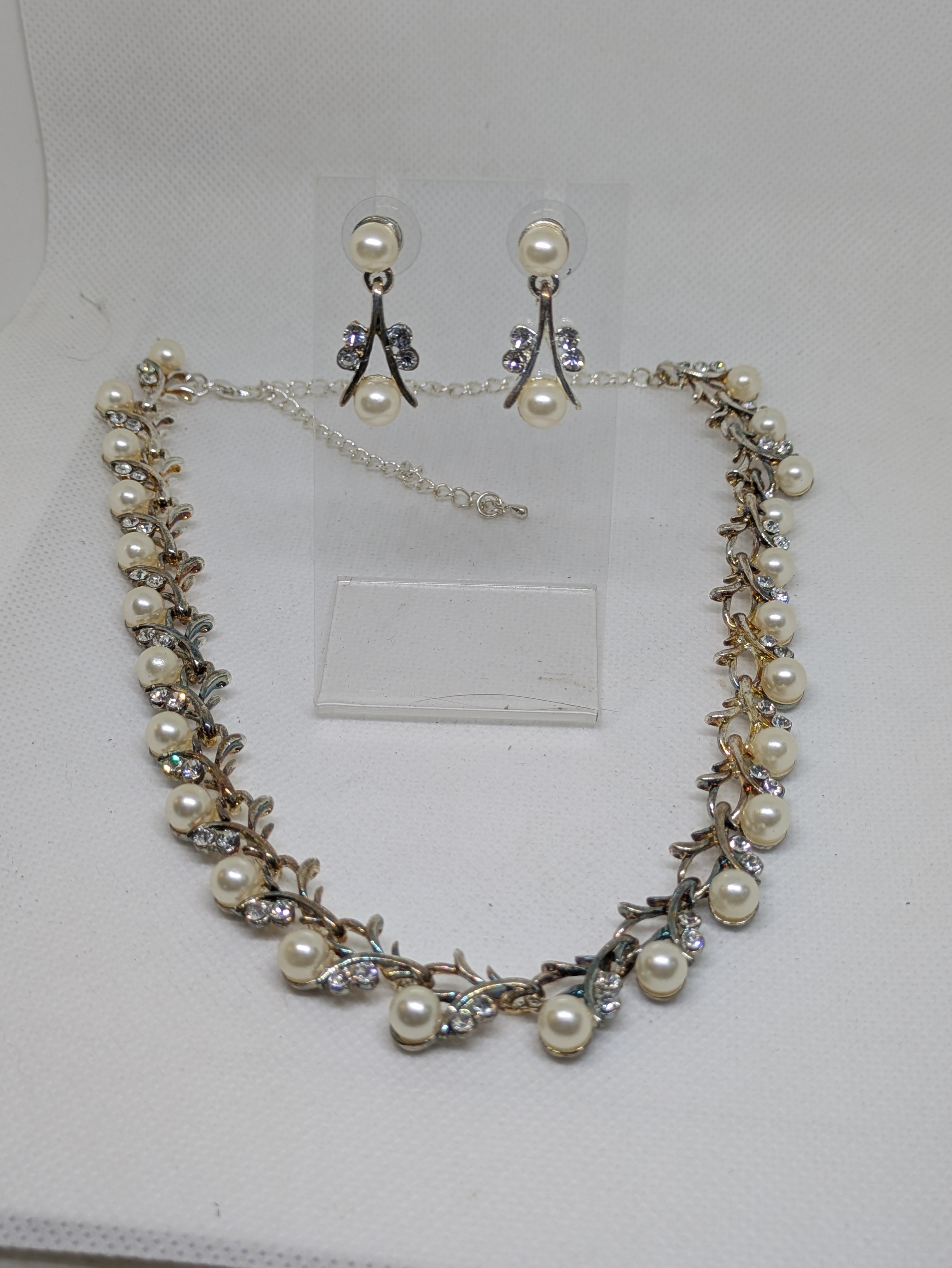 Gold Tone Costume Jewelry Set with Faux Pearls and Faux Diamonds