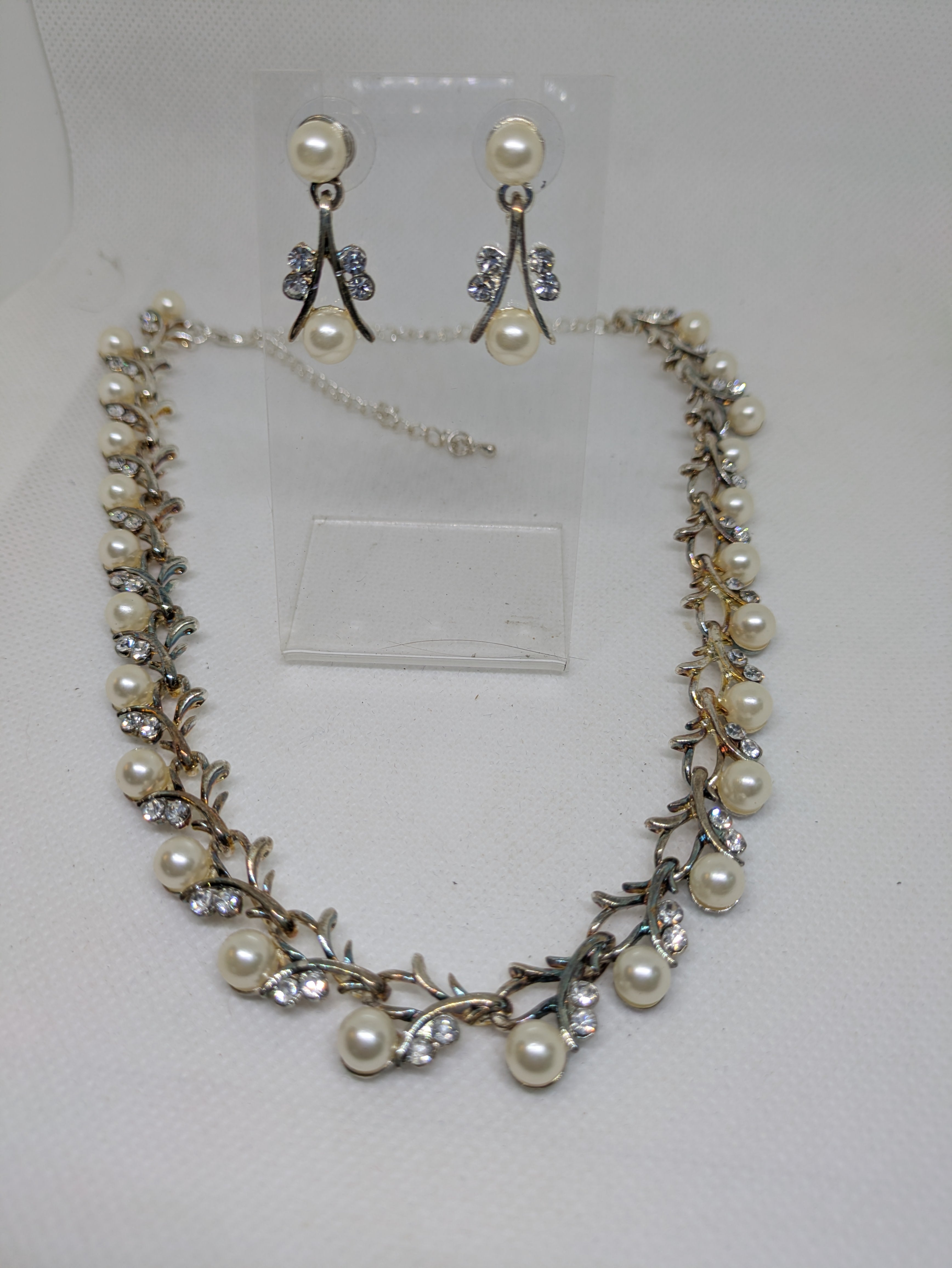 Gold Tone Costume Jewelry Set with Faux Pearls and Faux Diamonds