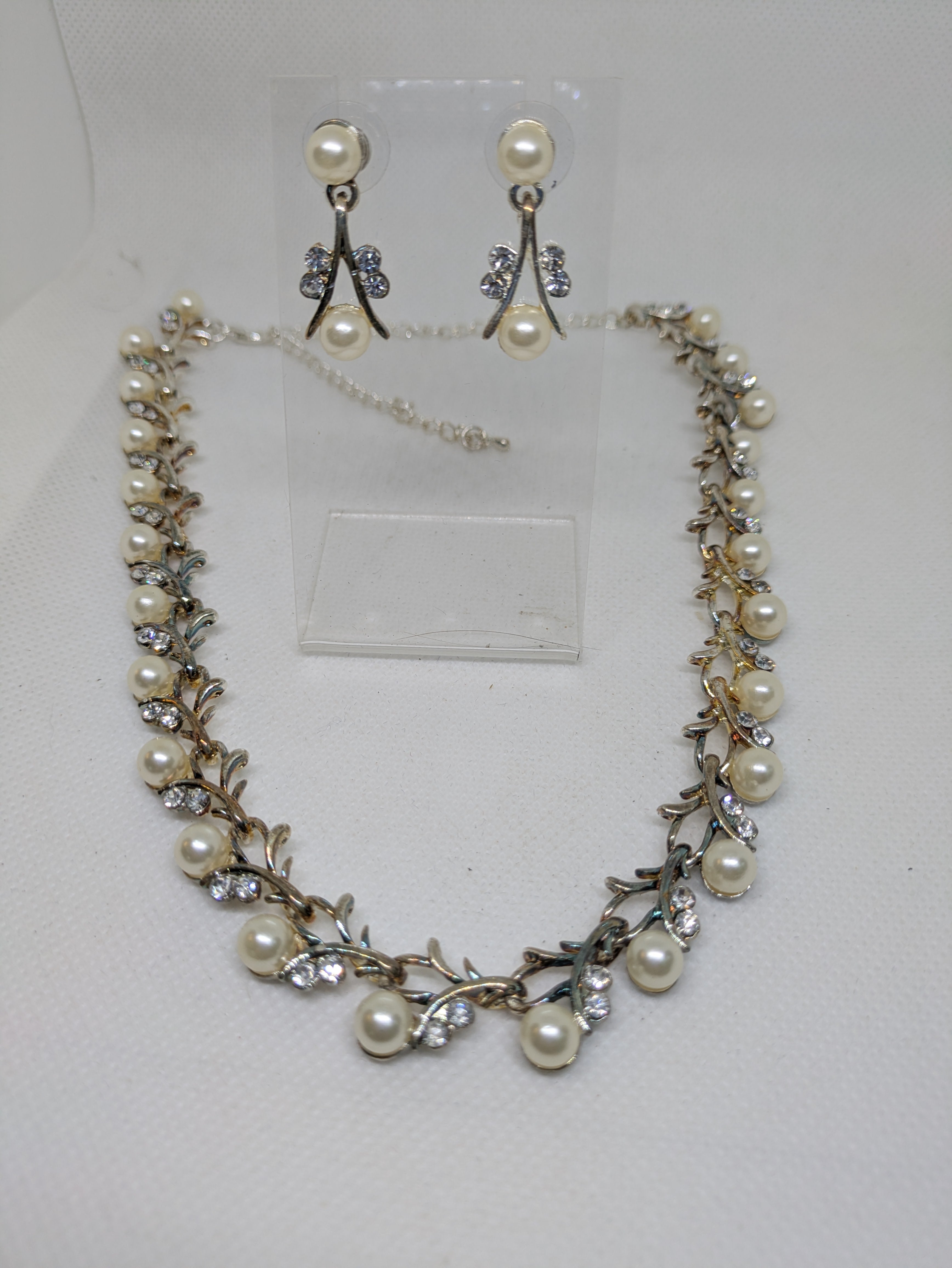 Gold Tone Costume Jewelry Set with Faux Pearls and Faux Diamonds