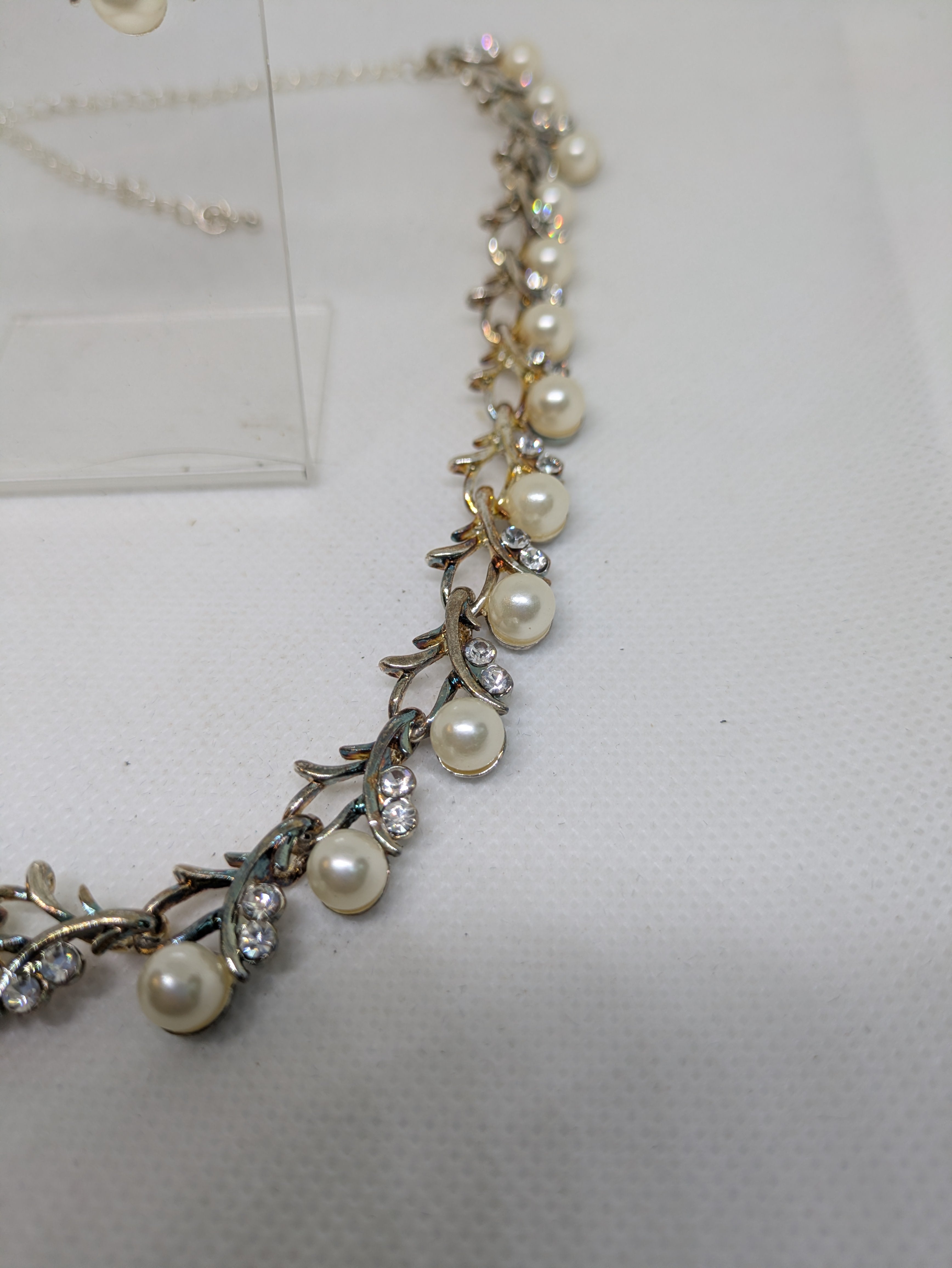 Gold Tone Costume Jewelry Set with Faux Pearls and Faux Diamonds