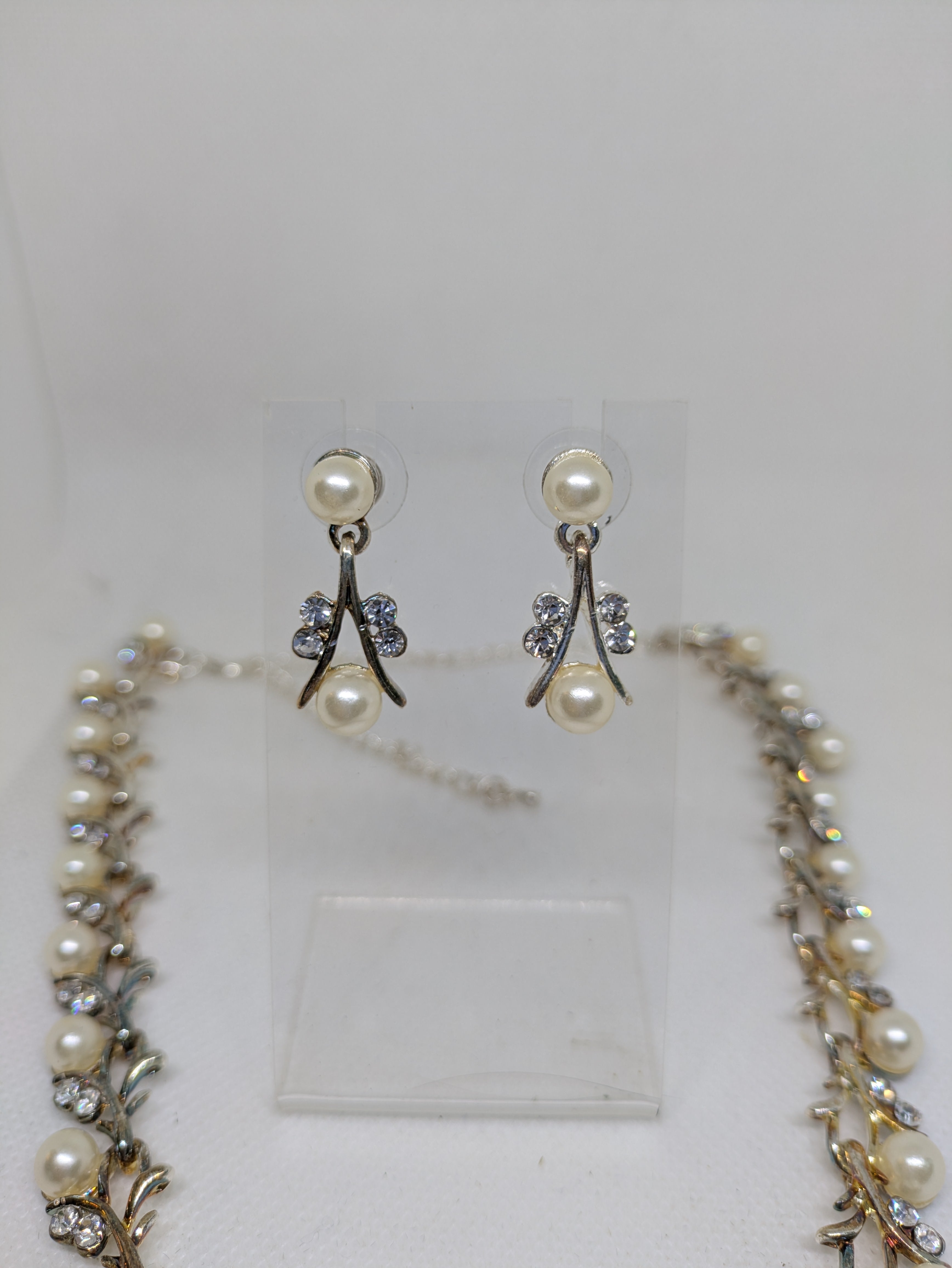 Gold Tone Costume Jewelry Set with Faux Pearls and Faux Diamonds