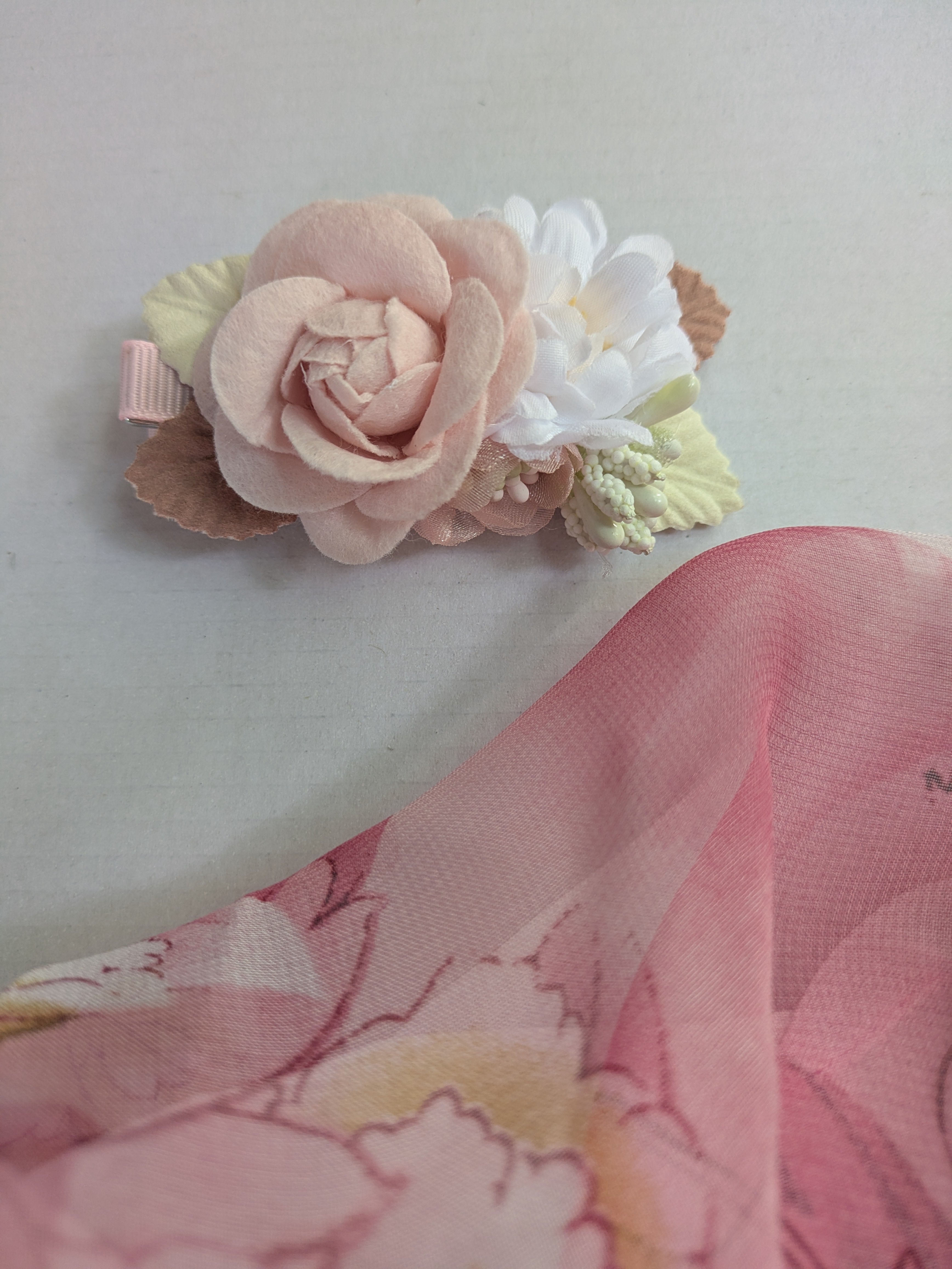 Pink Scarf with Tan/Brown flowers and fish, Hair Clip, 1ct Necklace, Perfume Sample - Bundle D
