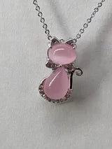 Genuine Rose Quartz Necklace Whole Cat with bow 1.76ct with Genuine White Zircon Accents